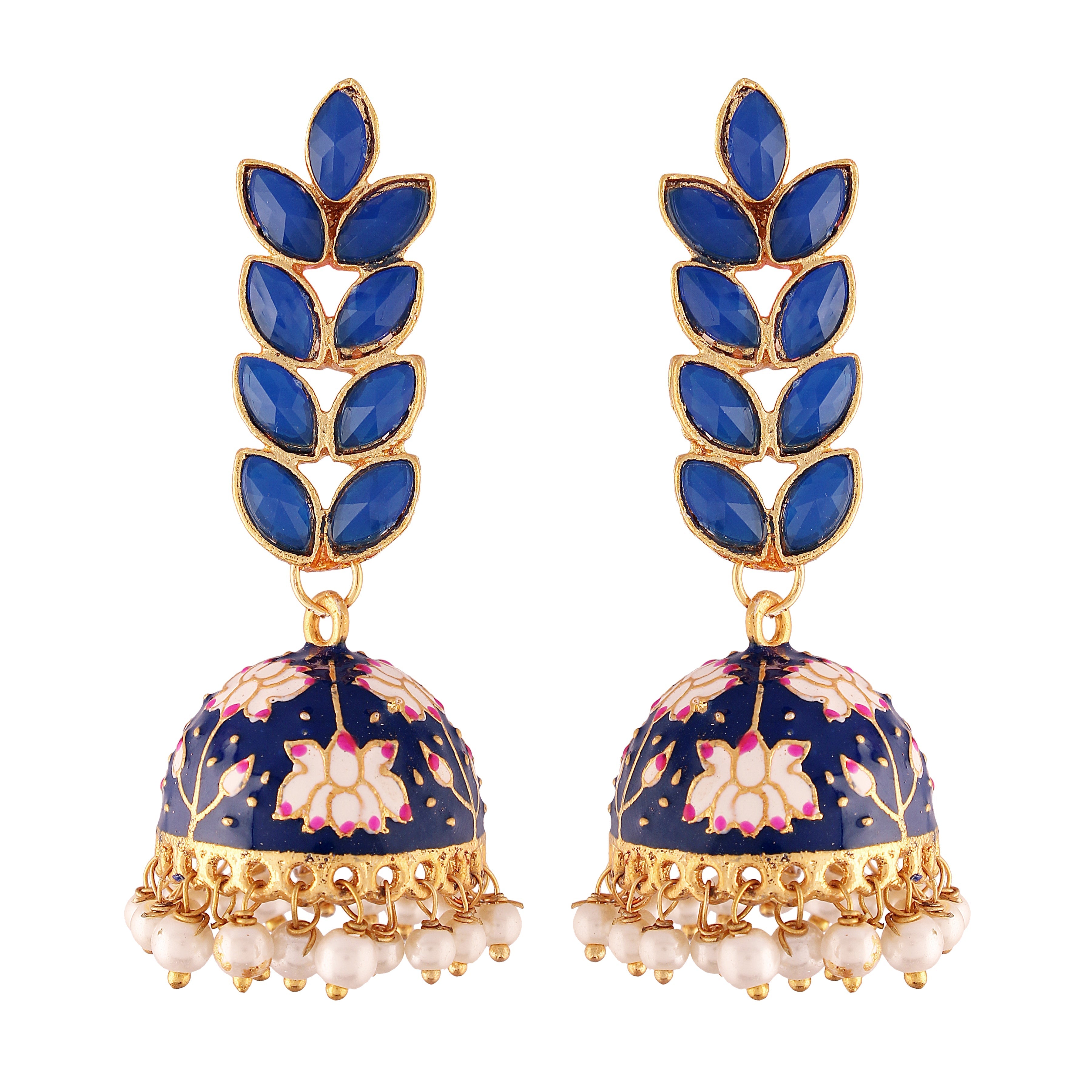 Women's 18k gold plated blue enamelled leaf shaped jhumki earringse2922gr