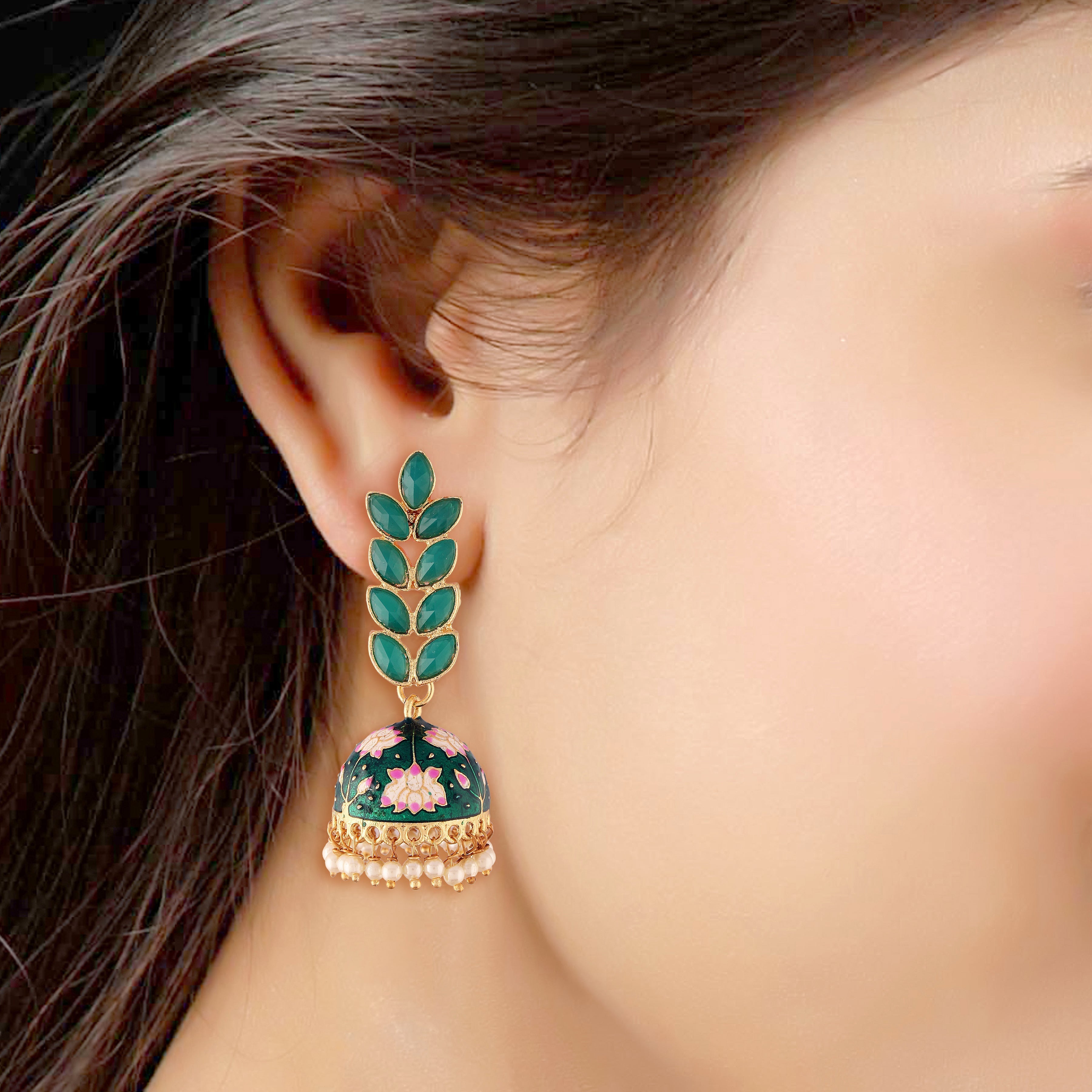 Women's 18k gold plated grey enamelled leaf shaped jhumki earringse2922gr