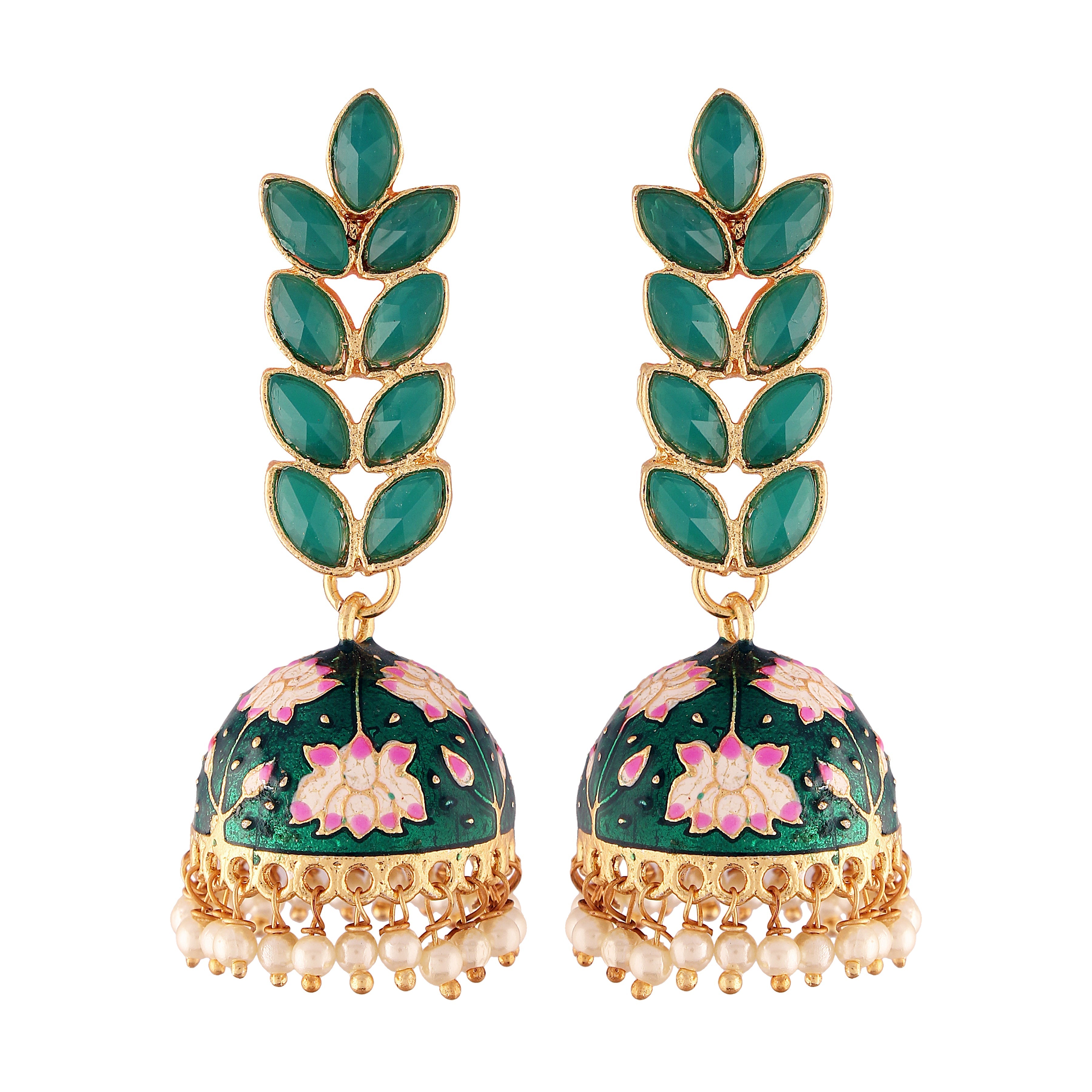 Women's 18k gold plated grey enamelled leaf shaped jhumki earringse2922gr