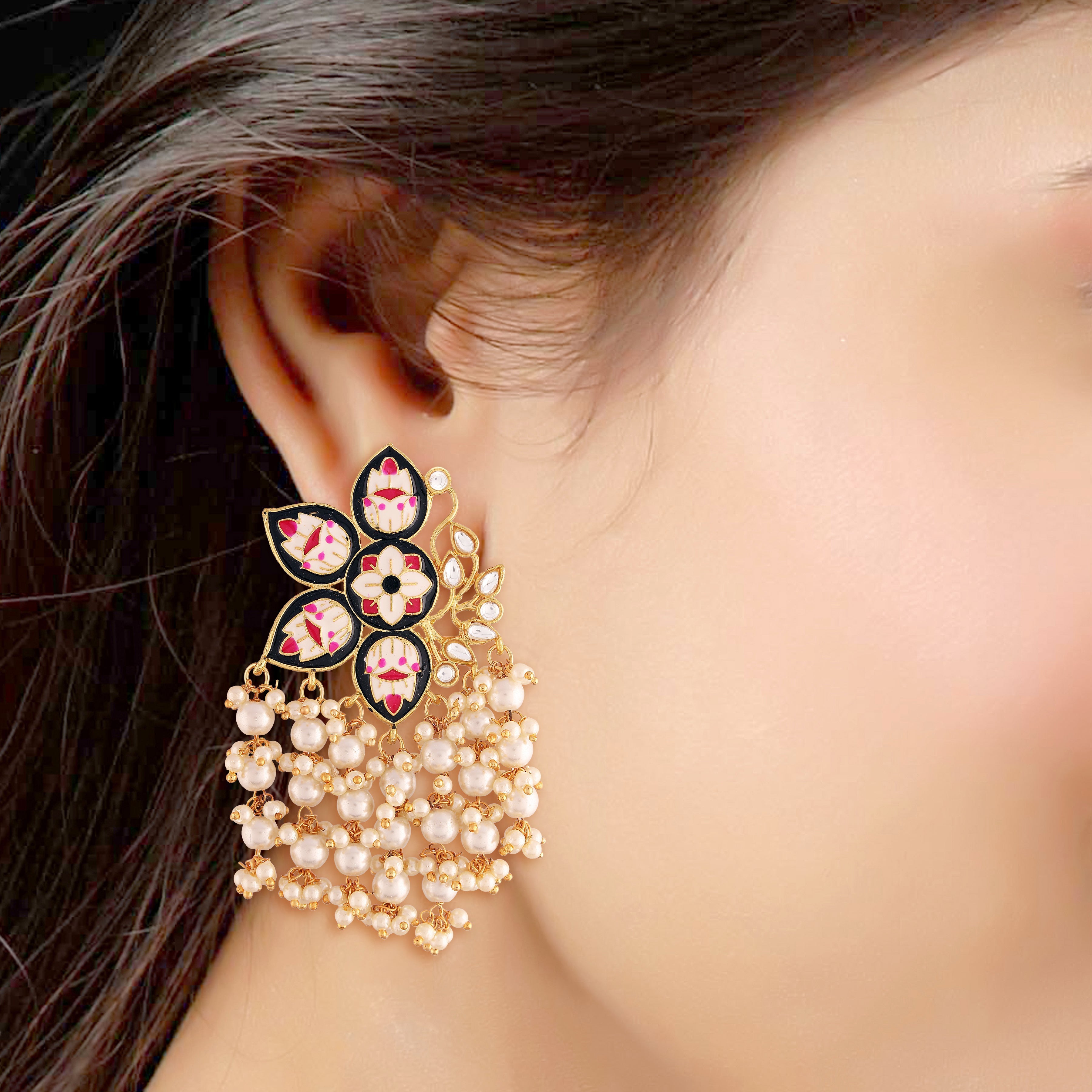 Women's 18k Black gold plated handcrafted kundan studded floral drop earrings