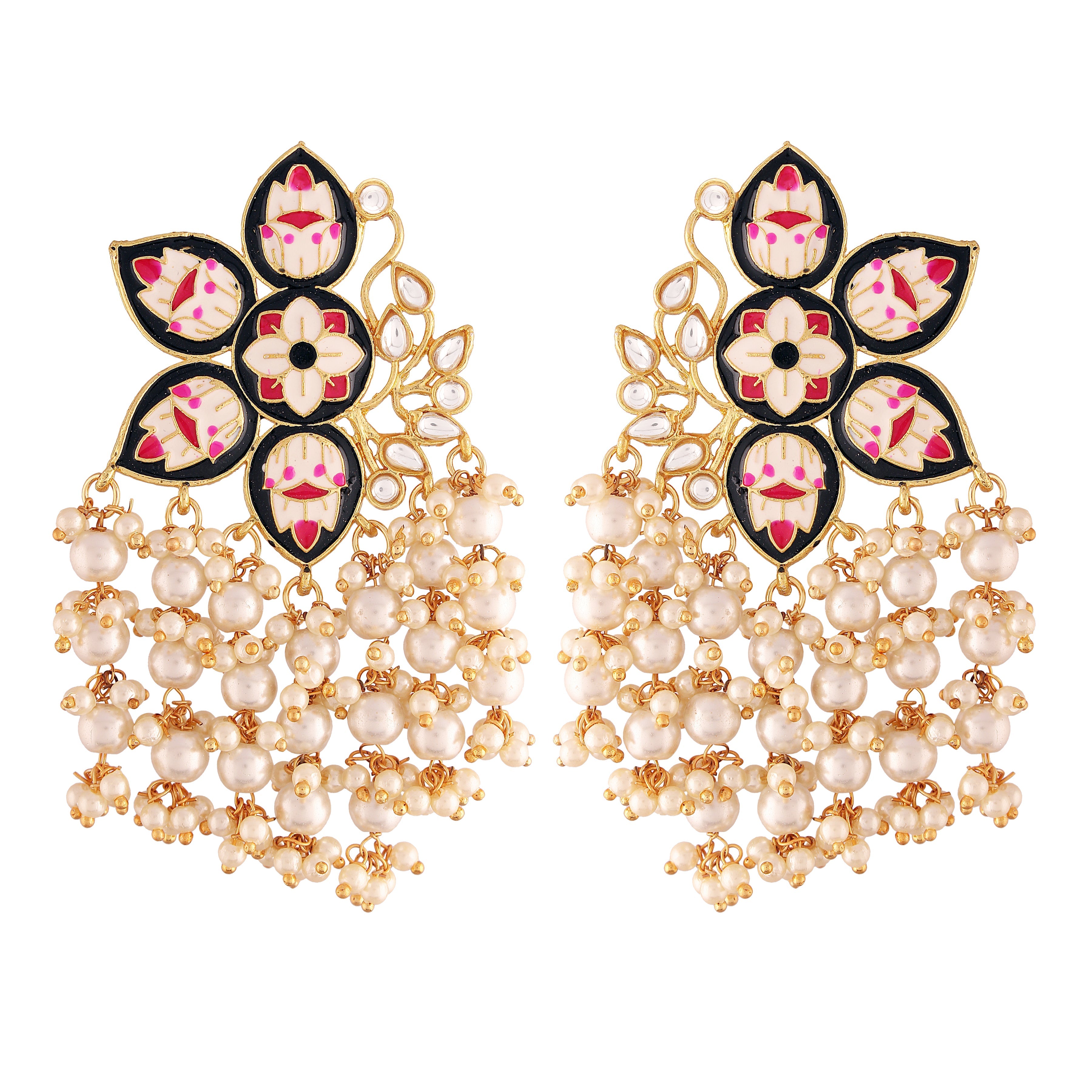 Women's 18k Black gold plated handcrafted kundan studded floral drop earrings