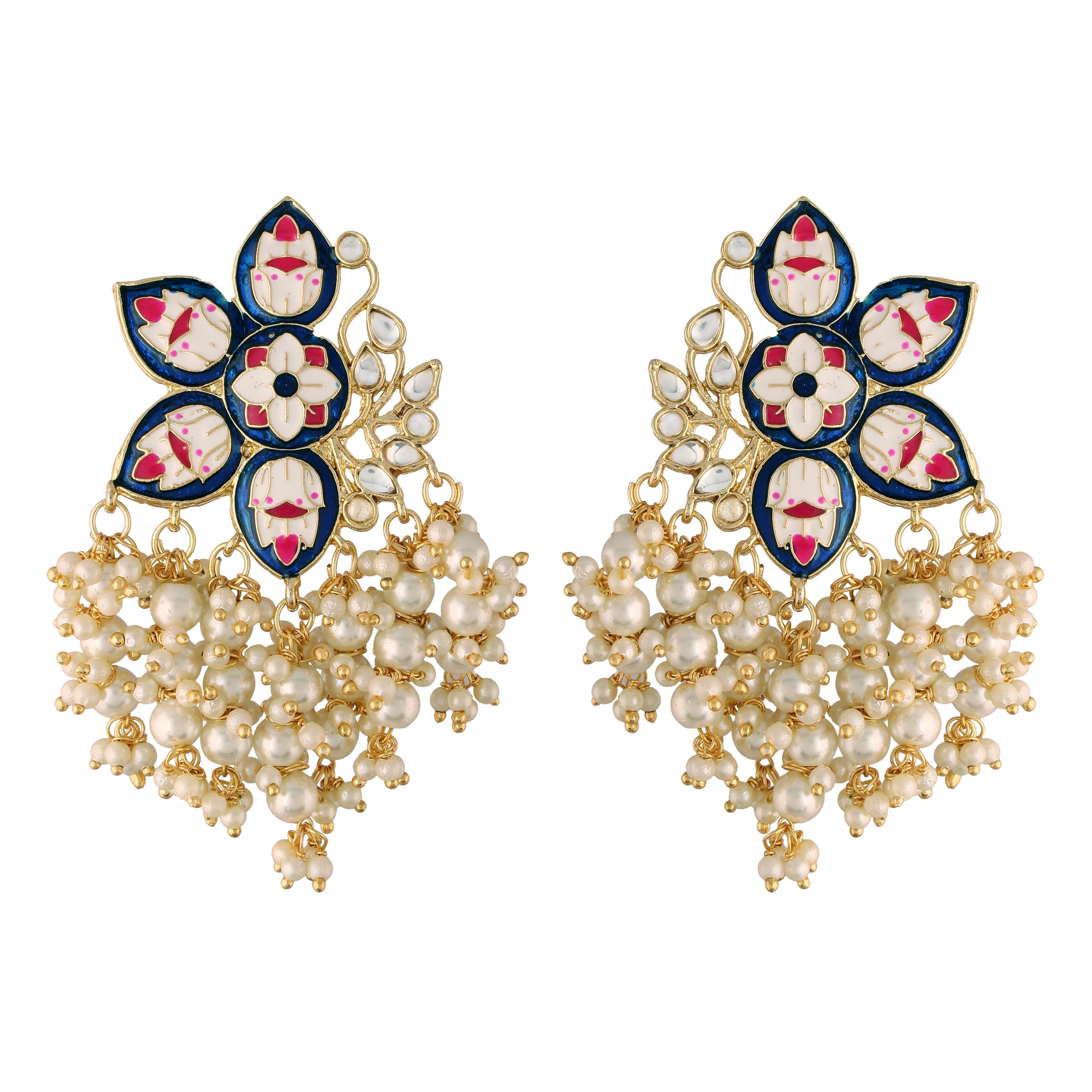 Women's 18k Blue gold plated handcrafted kundan studded floral drop earrings