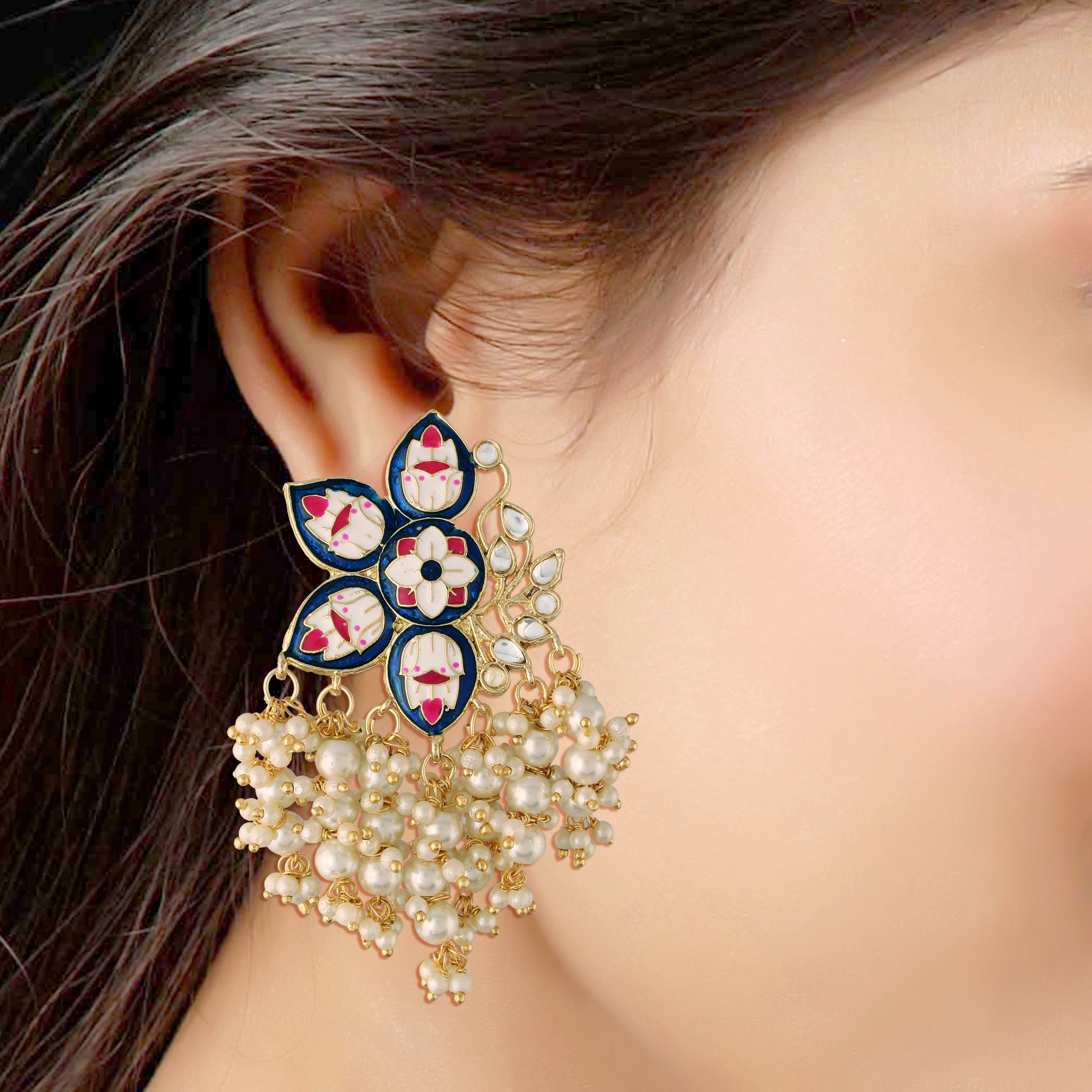 Women's 18k Blue gold plated handcrafted kundan studded floral drop earrings