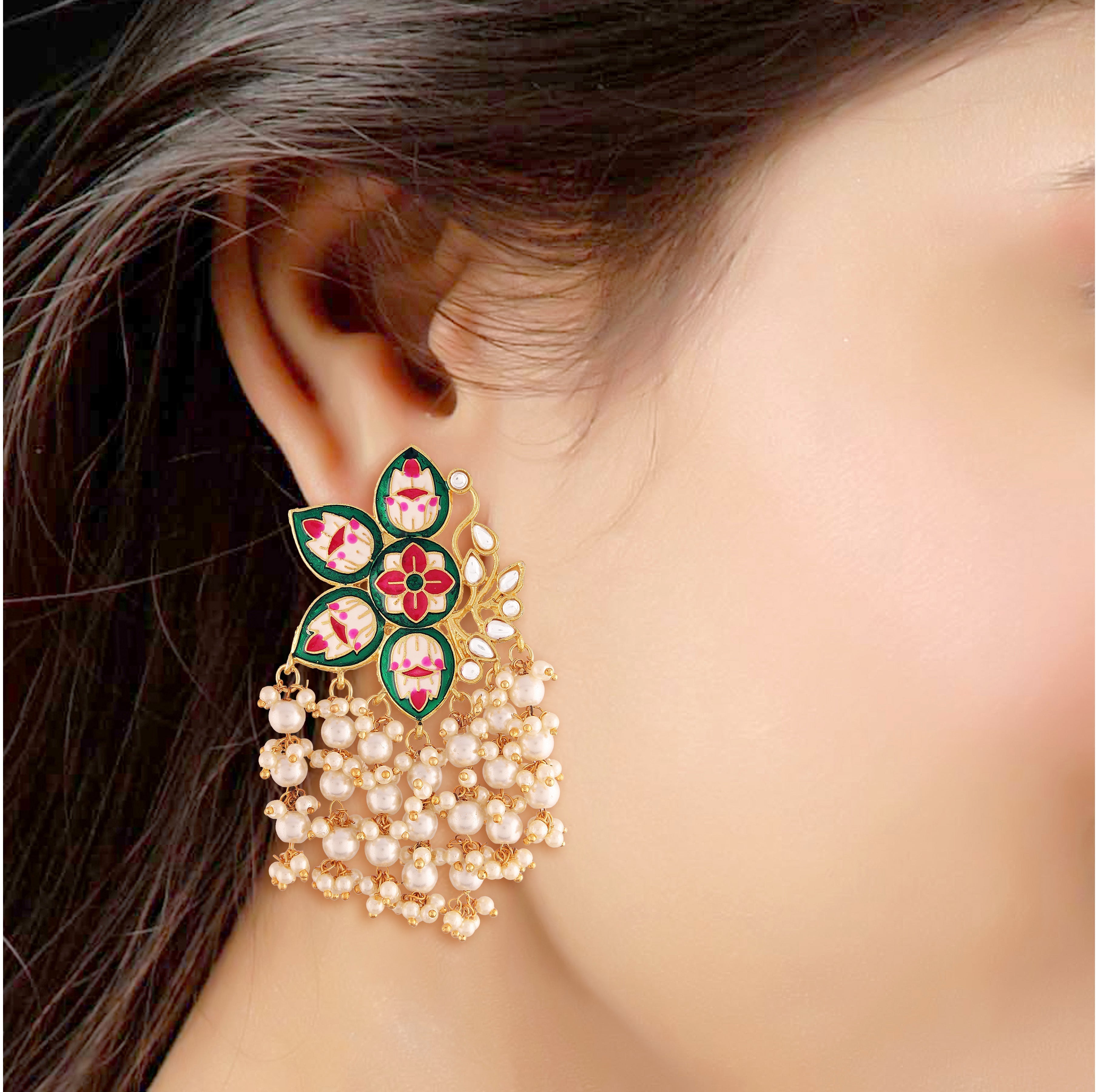 Women's 18k green gold plated handcrafted kundan studded floral drop earrings
