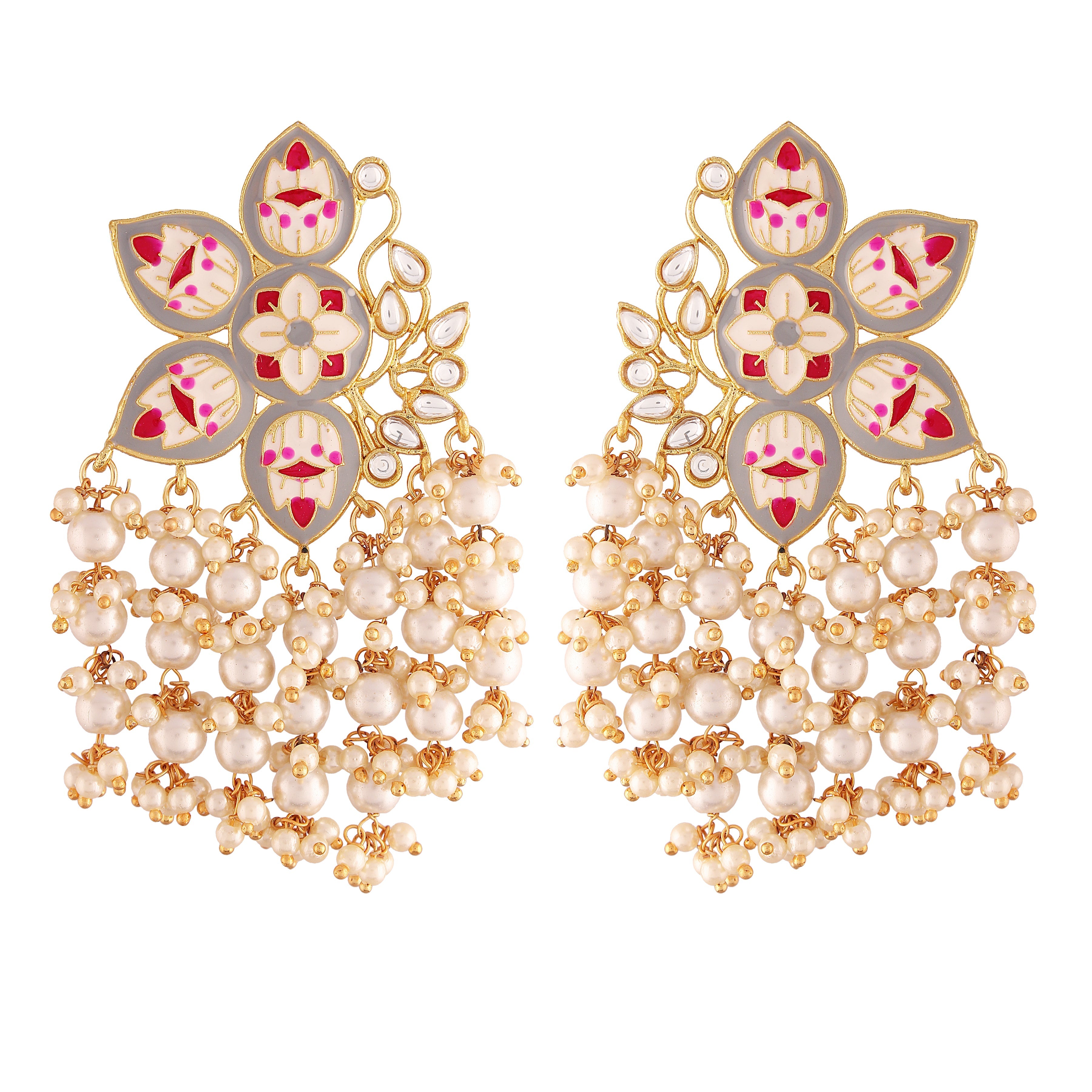 Women's 18k green gold plated handcrafted kundan studded floral drop earrings