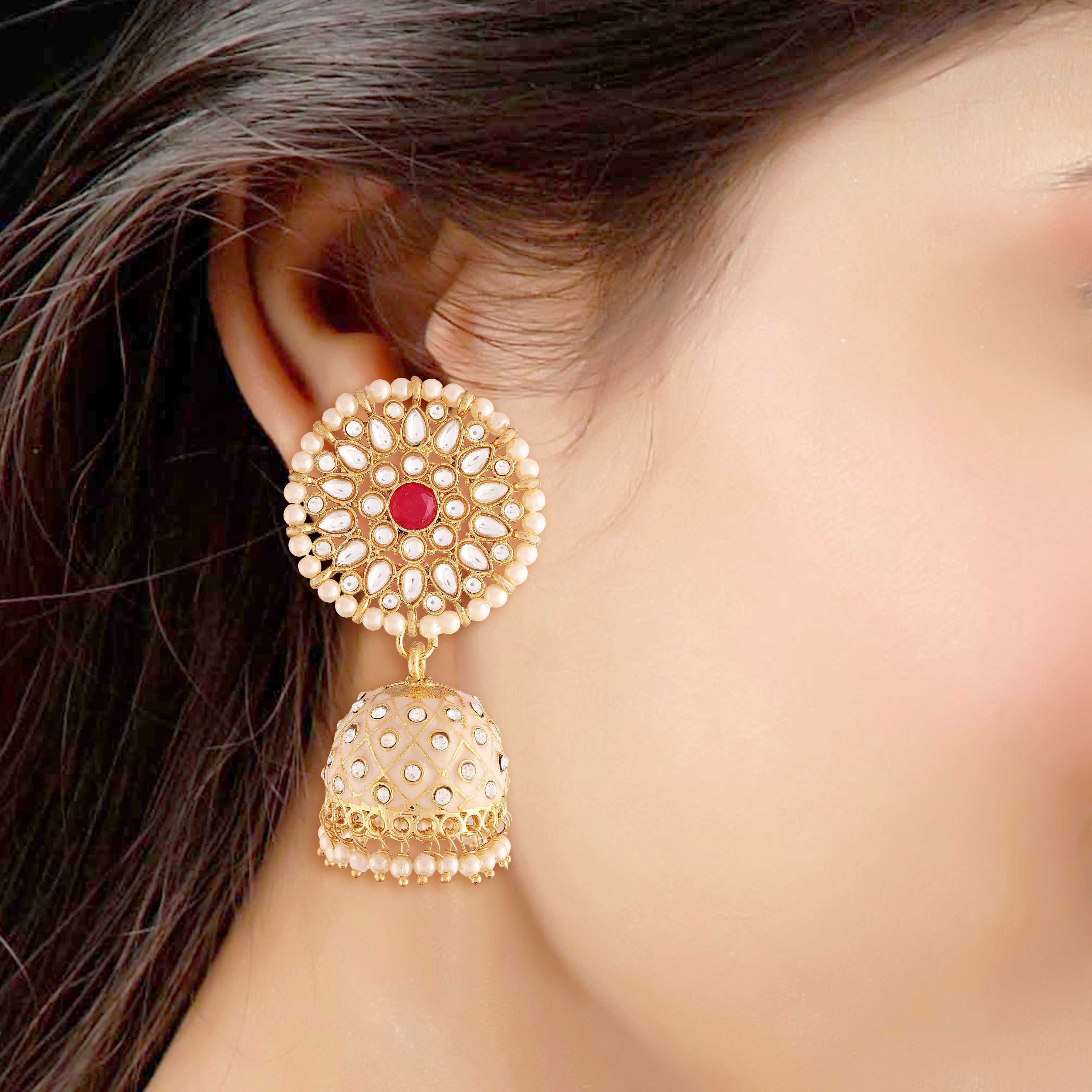 Women's 18k gold plated floral handcrafted cream meenakari jhumka earring e2925cr