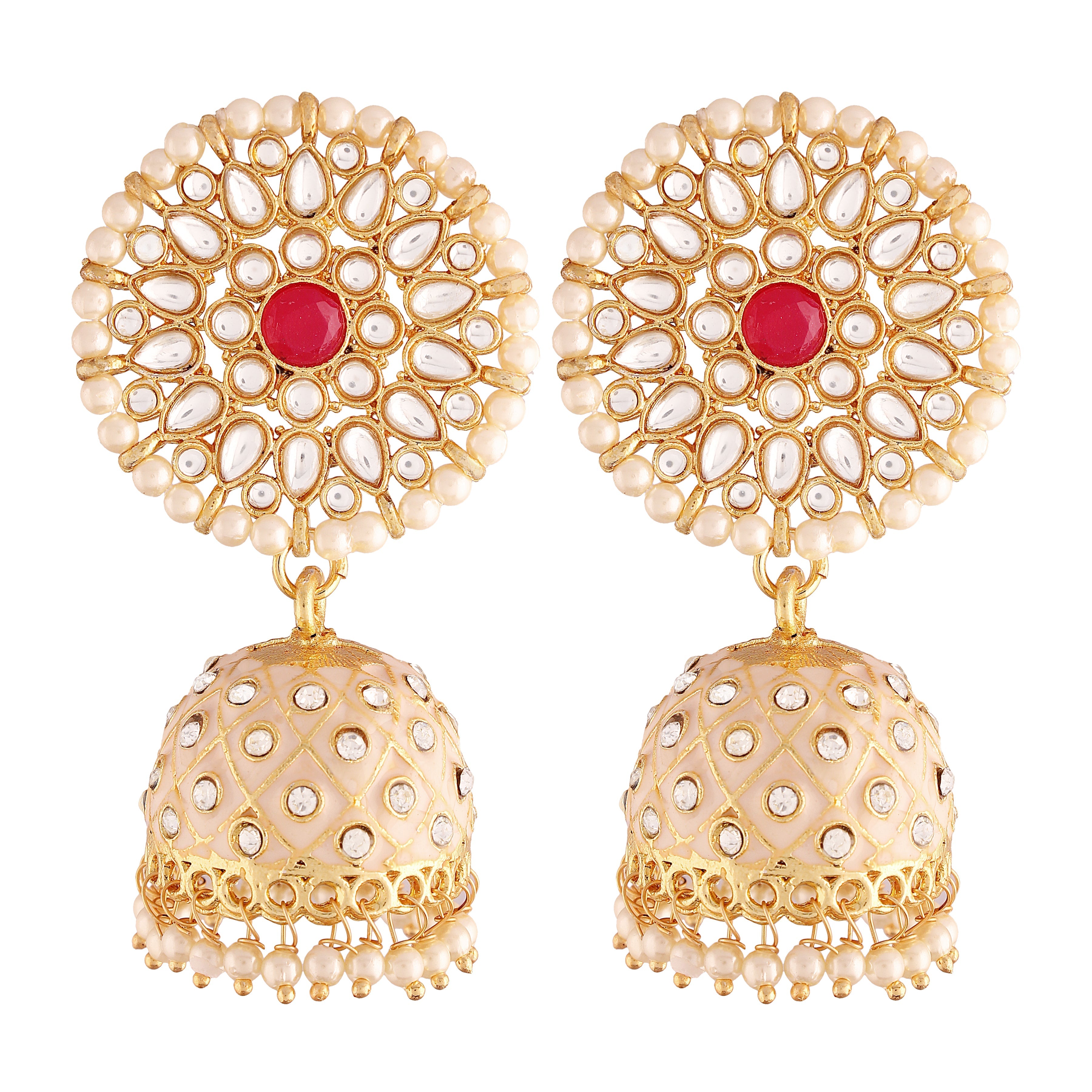 Women's 18k gold plated floral handcrafted cream meenakari jhumka earring e2925cr