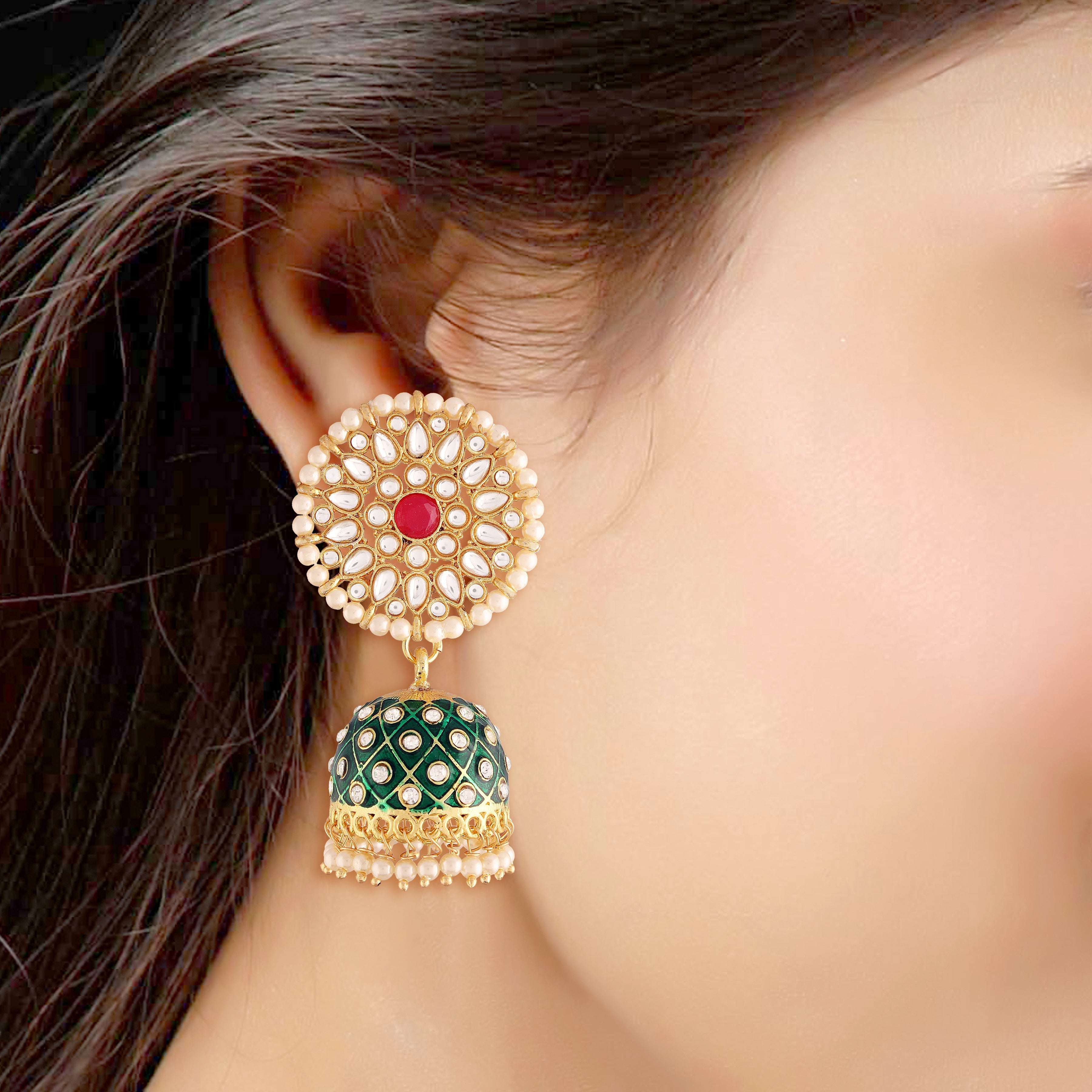 Women's 18k gold plated floral handcrafted Green meenakari jhumka earring e2925cr