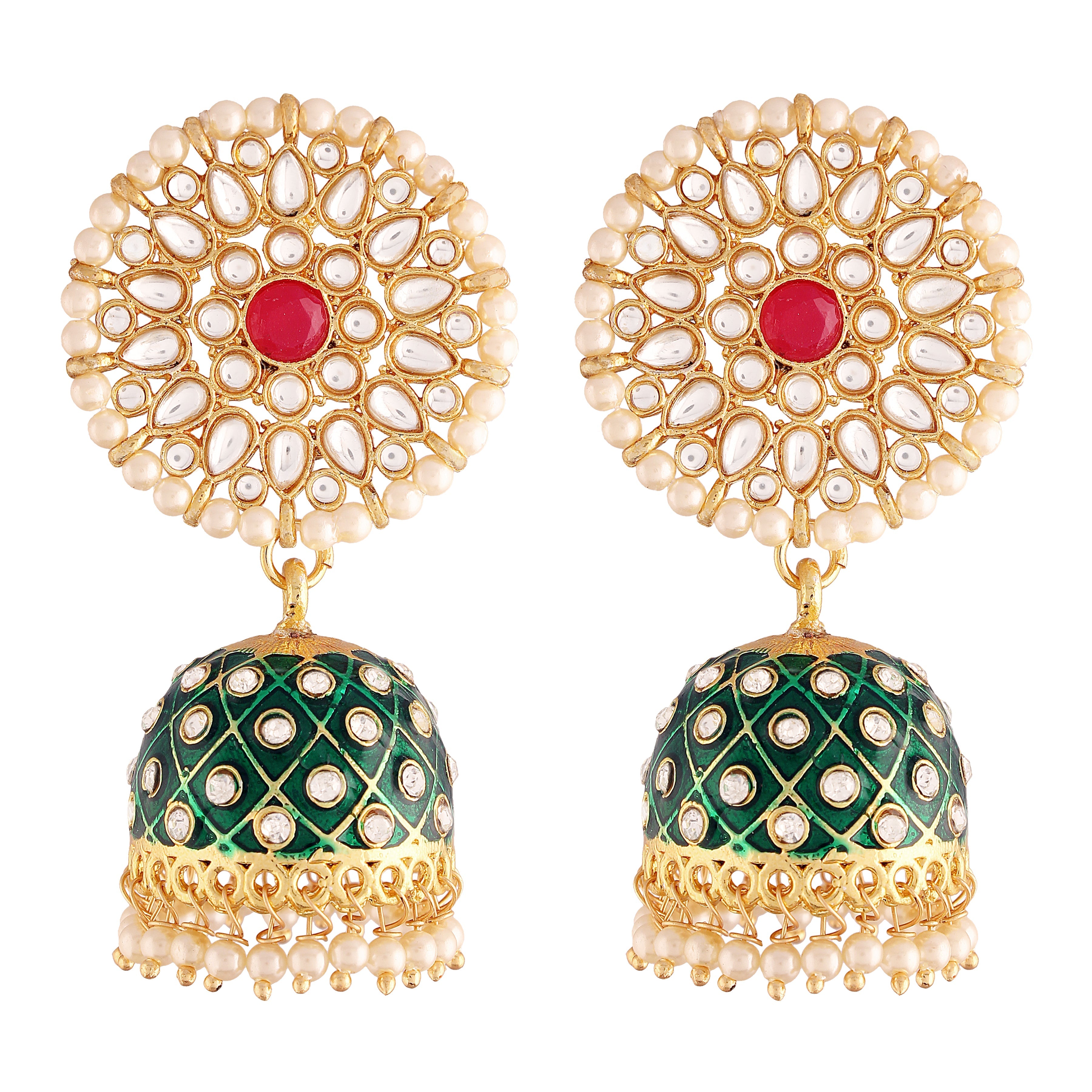 Women's 18k gold plated floral handcrafted Green meenakari jhumka earring e2925cr