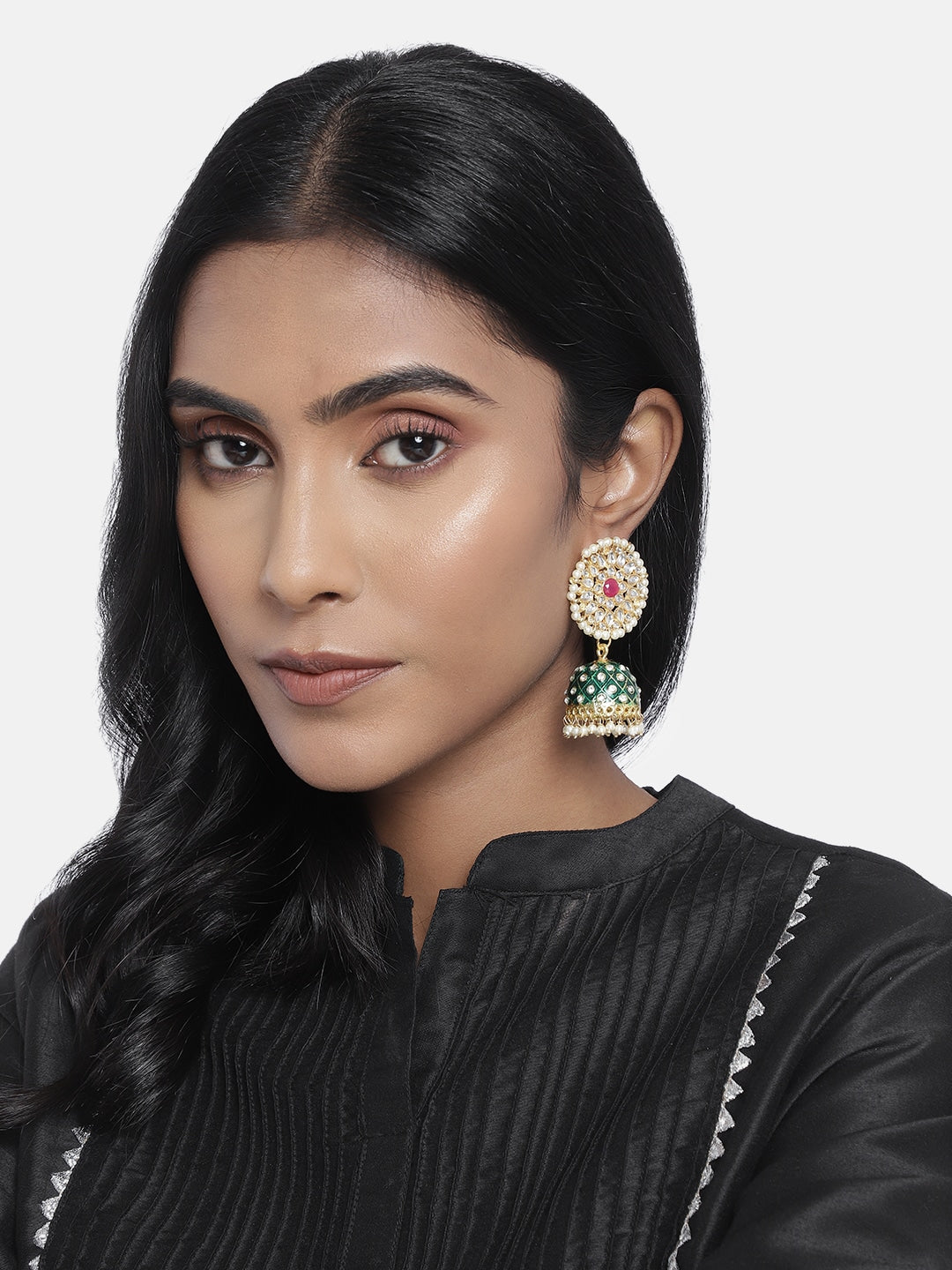 Women's 18k gold plated floral handcrafted Green meenakari jhumka earring e2925cr