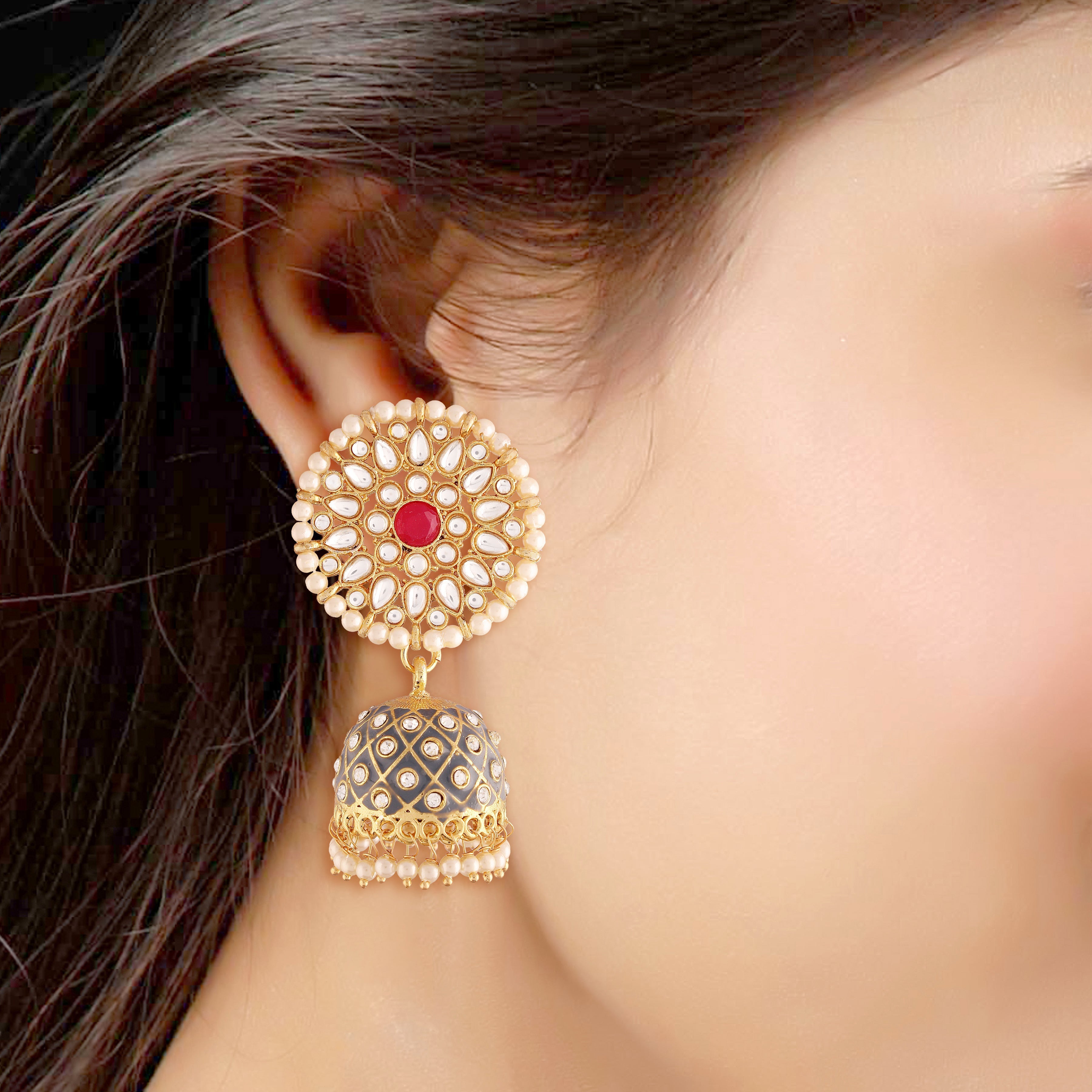 Women's 18k gold plated floral handcrafted Grey meenakari jhumka earring e2925cr