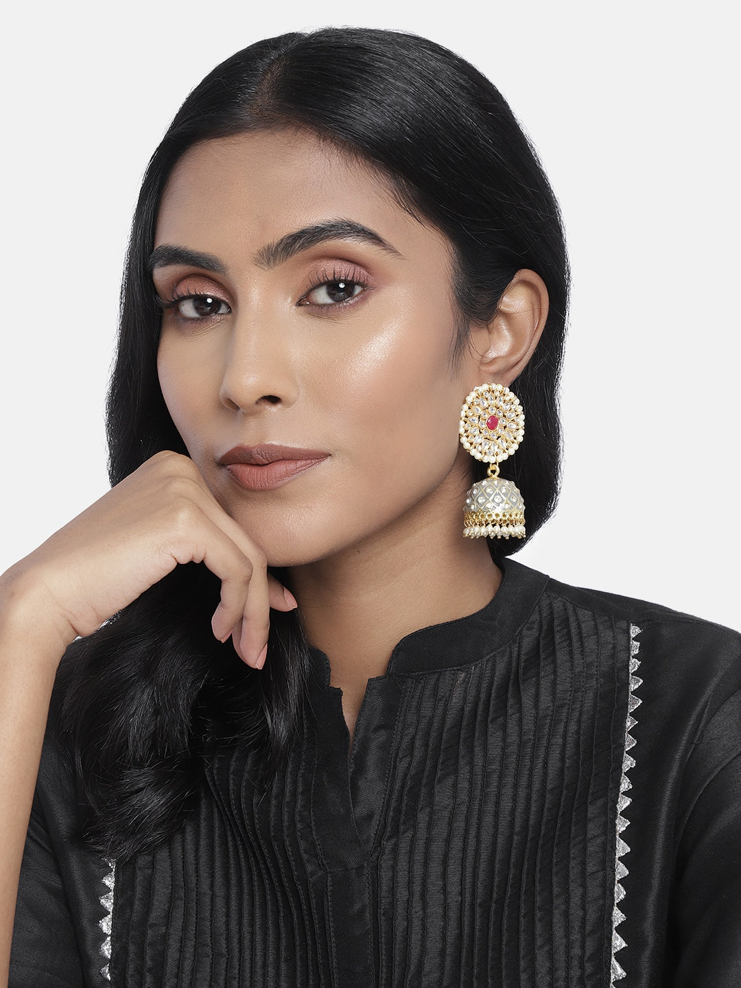 Women's 18k gold plated floral handcrafted Grey meenakari jhumka earring e2925cr