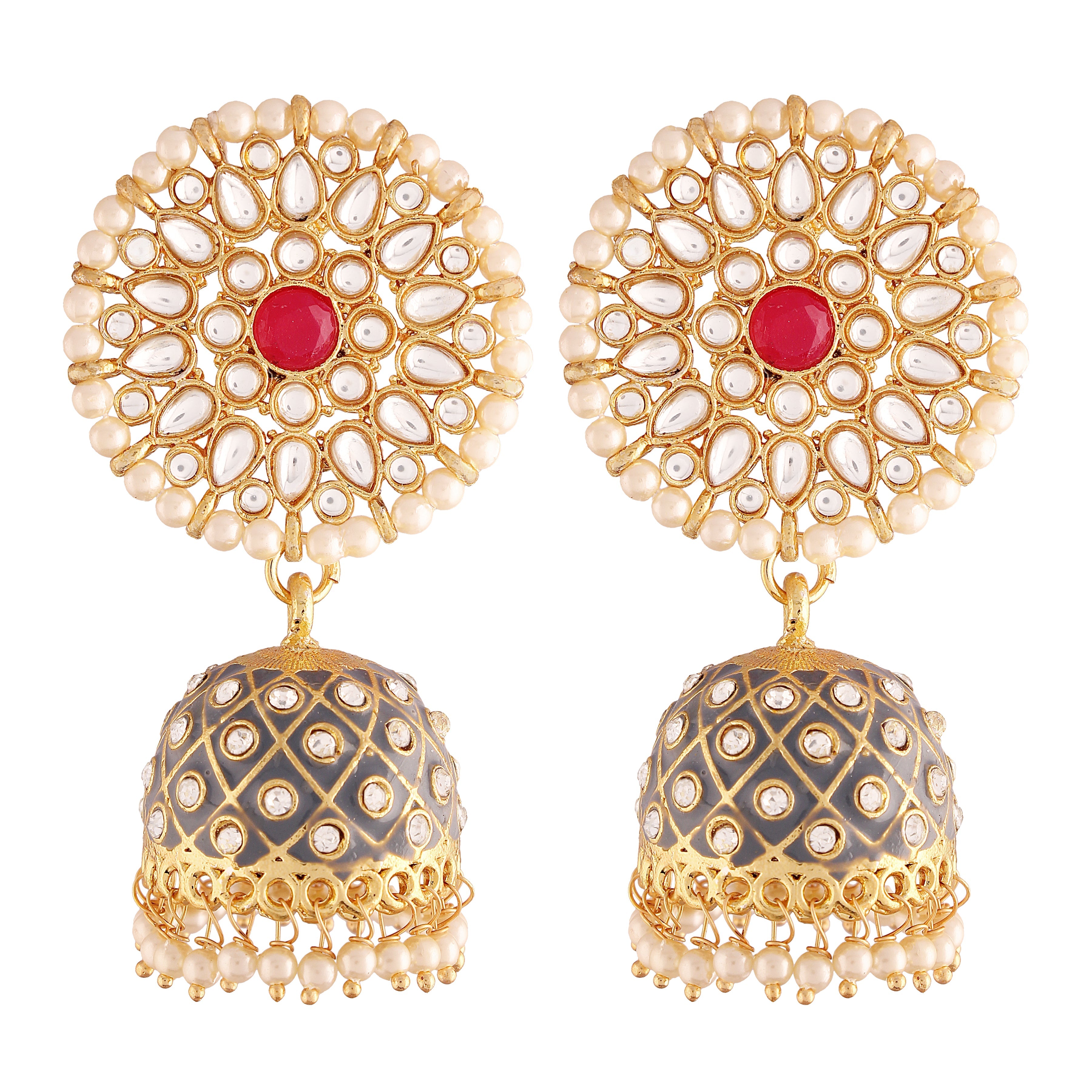Women's 18k gold plated floral handcrafted Grey meenakari jhumka earring e2925cr