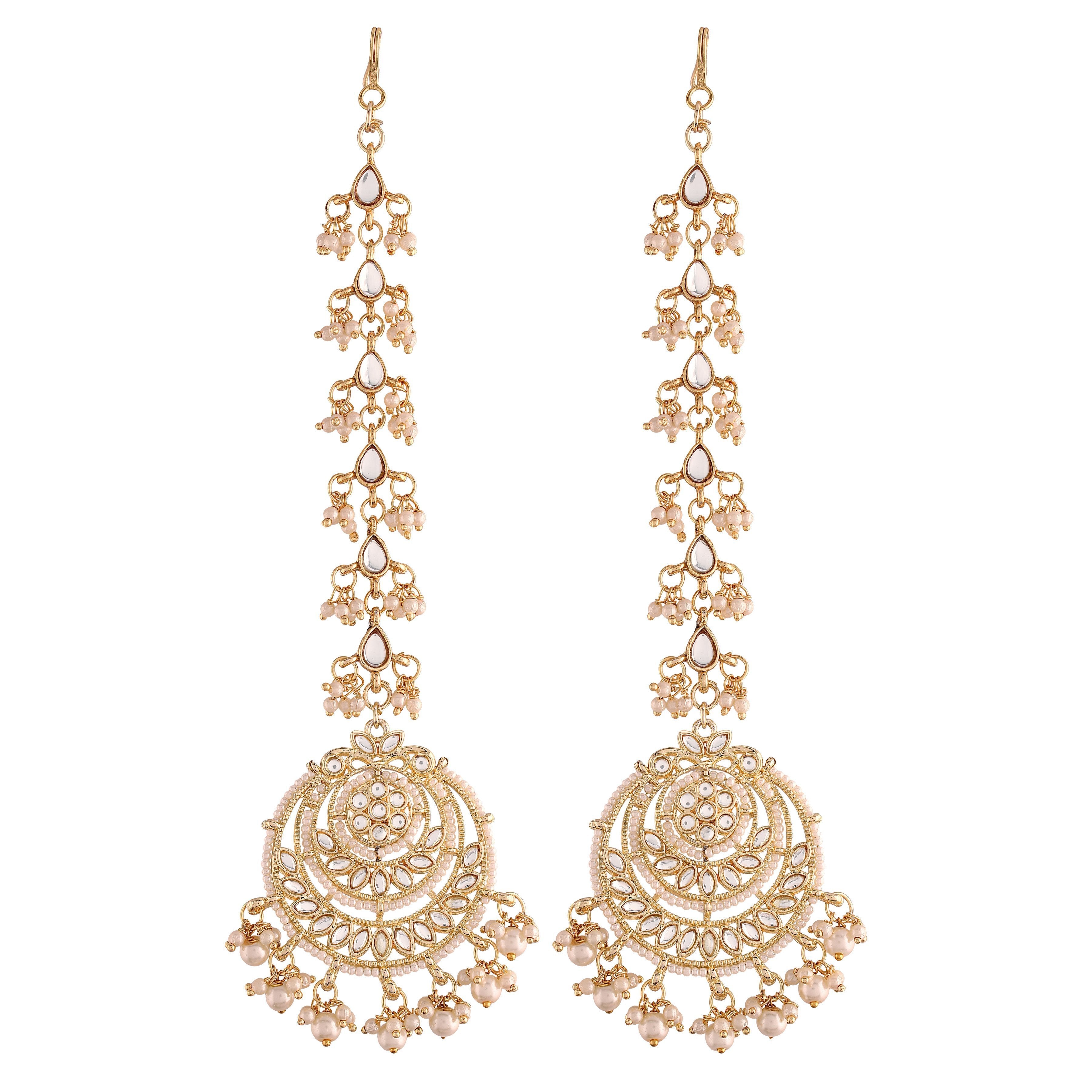 Women's  Gold Plated White Alloy Kundan Stones & Pearl Earrings With Hair Chain