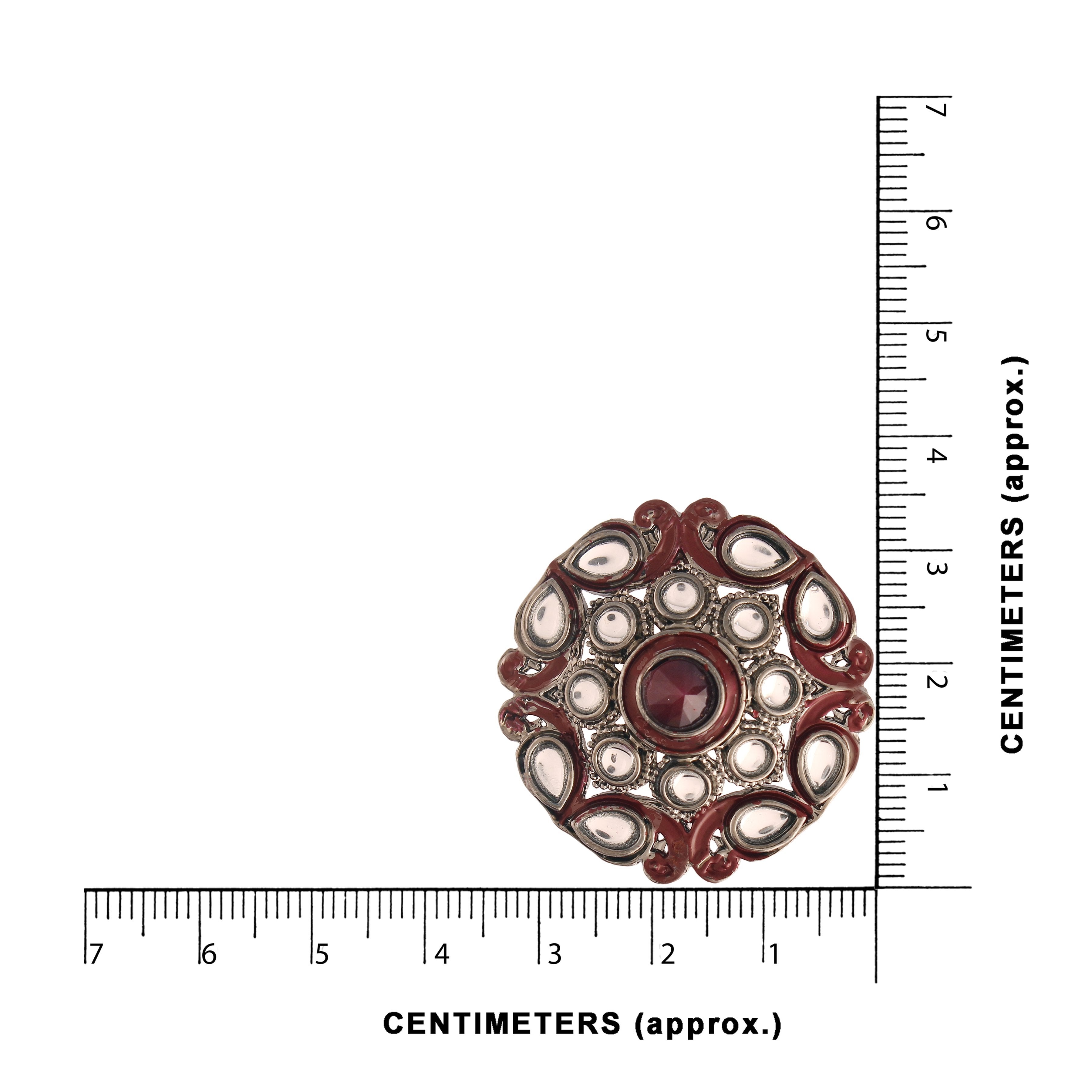 Women's  Silver Oxidized Maroon Kundan Studded Meena Work Designer Circular Stud Earrings