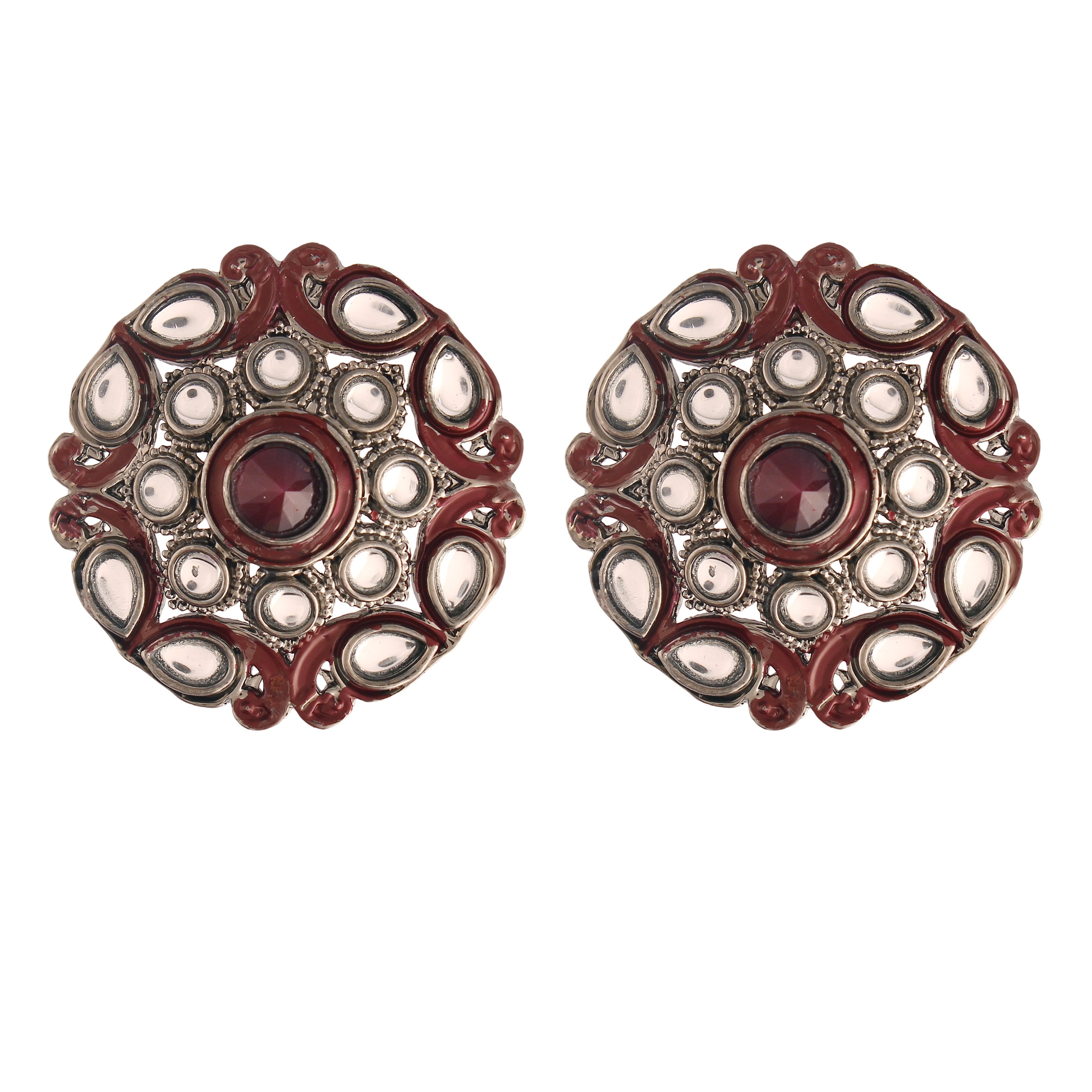Women's  Silver Oxidized Maroon Kundan Studded Meena Work Designer Circular Stud Earrings