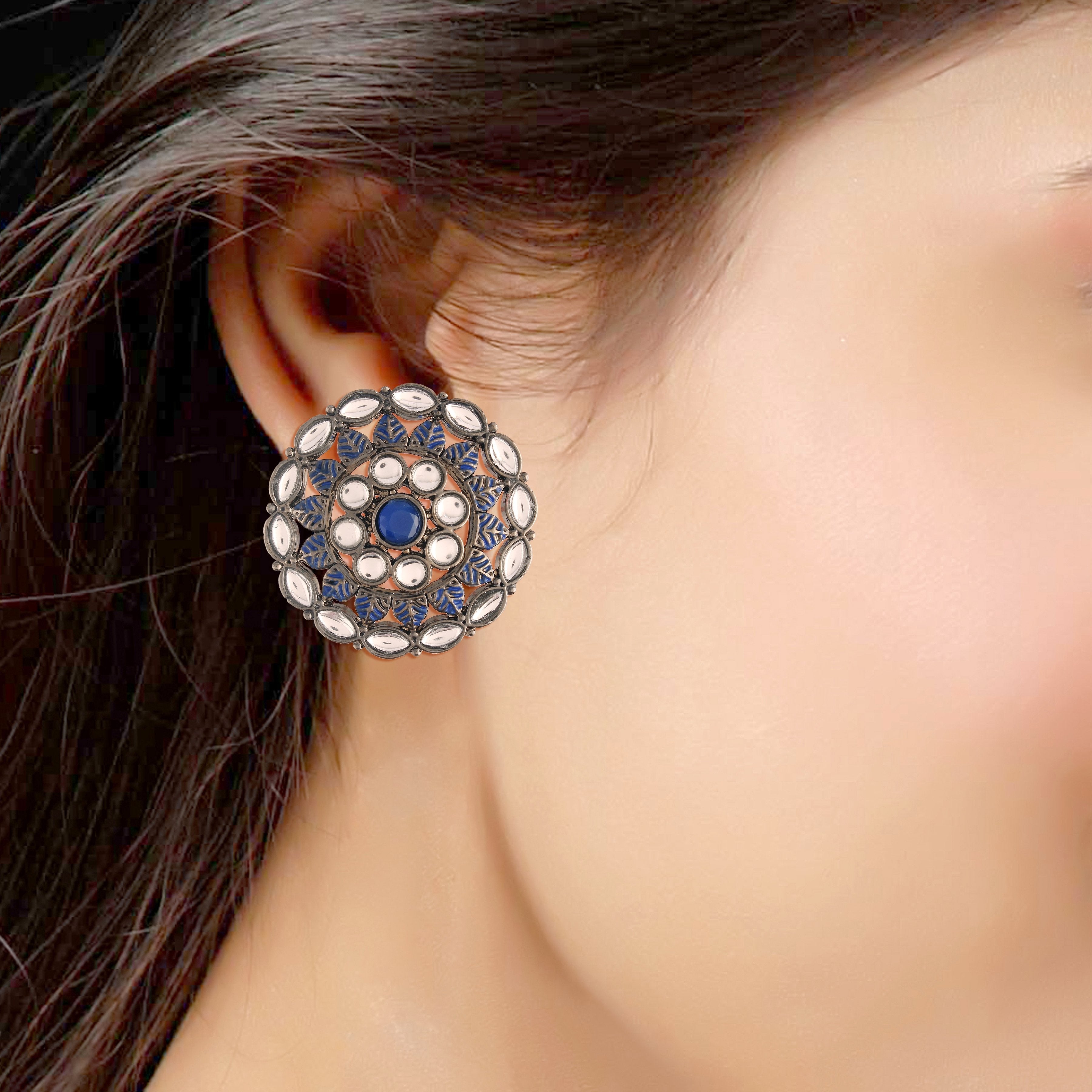 Women's  Blue Silver Oxidized Kundan Studded Meena Work Designer Circular Stud Earrings