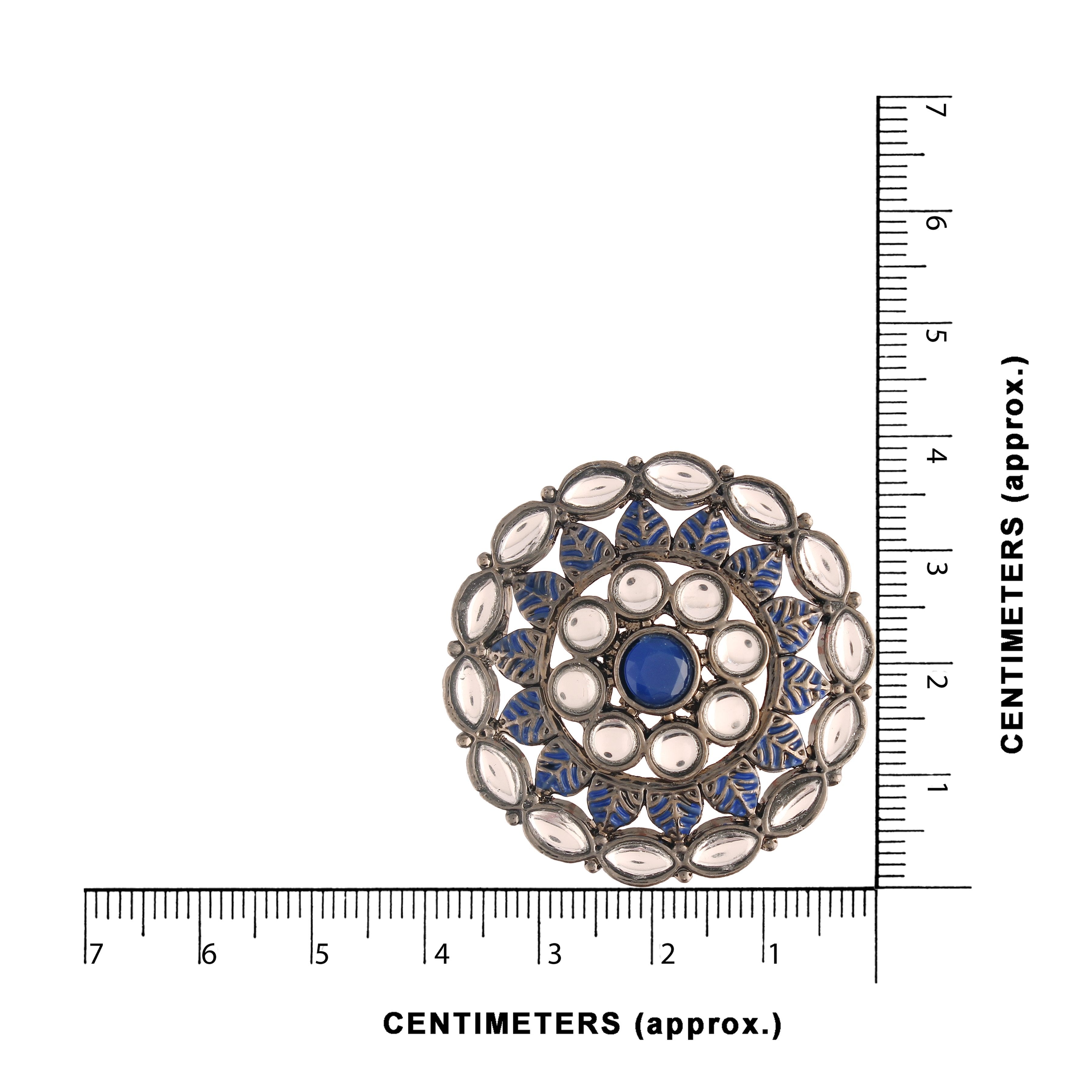 Women's  Blue Silver Oxidized Kundan Studded Meena Work Designer Circular Stud Earrings