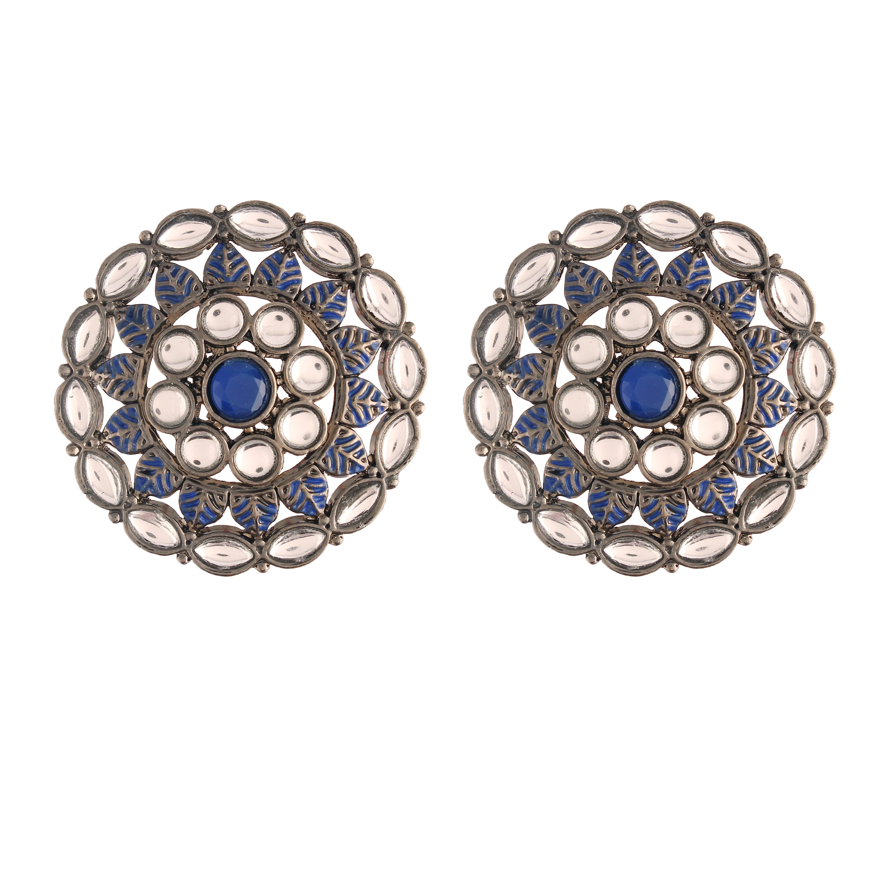 Women's  Blue Silver Oxidized Kundan Studded Meena Work Designer Circular Stud Earrings