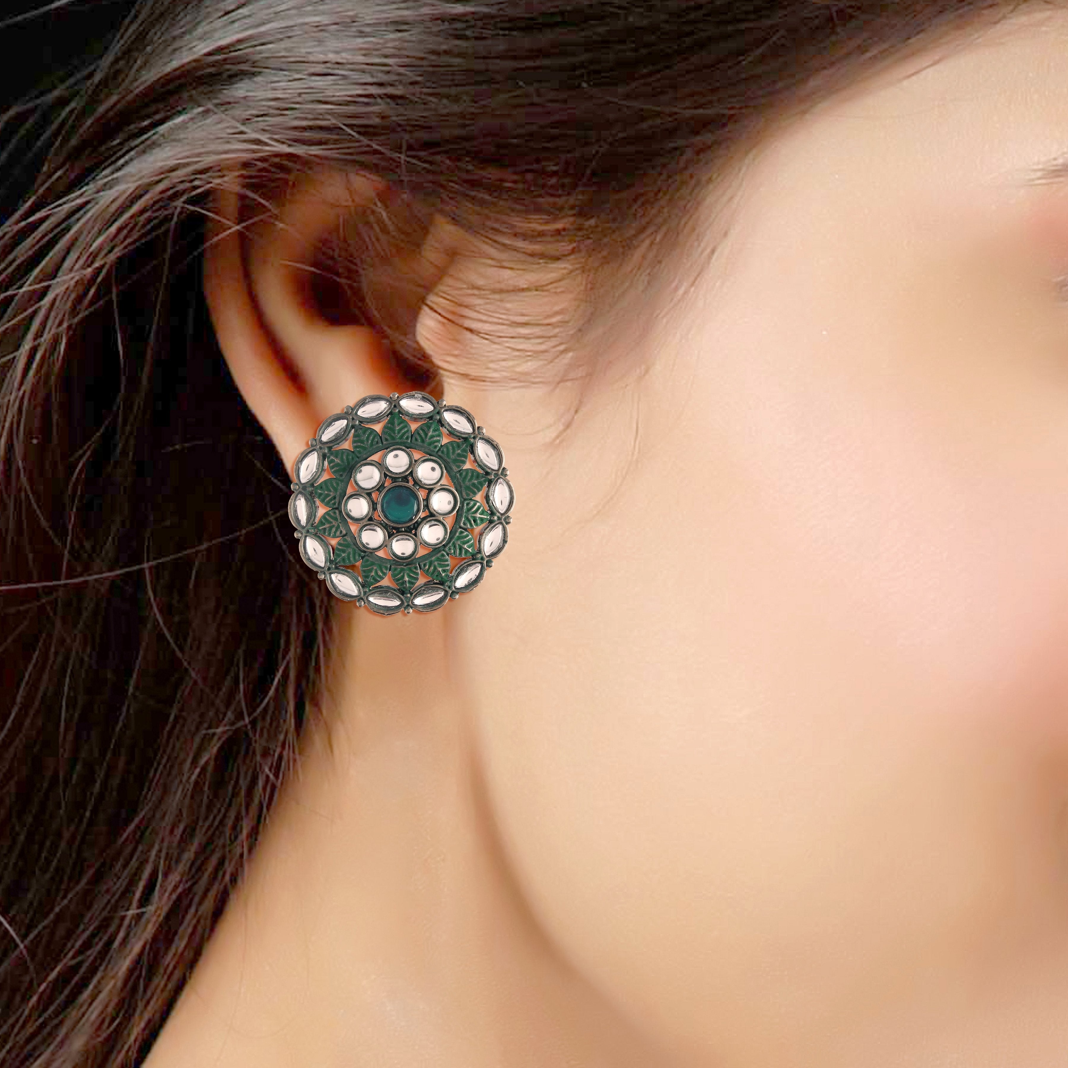 Women's  Green Silver Oxidized Kundan Studded Meena Work Designer Circular Stud Earrings