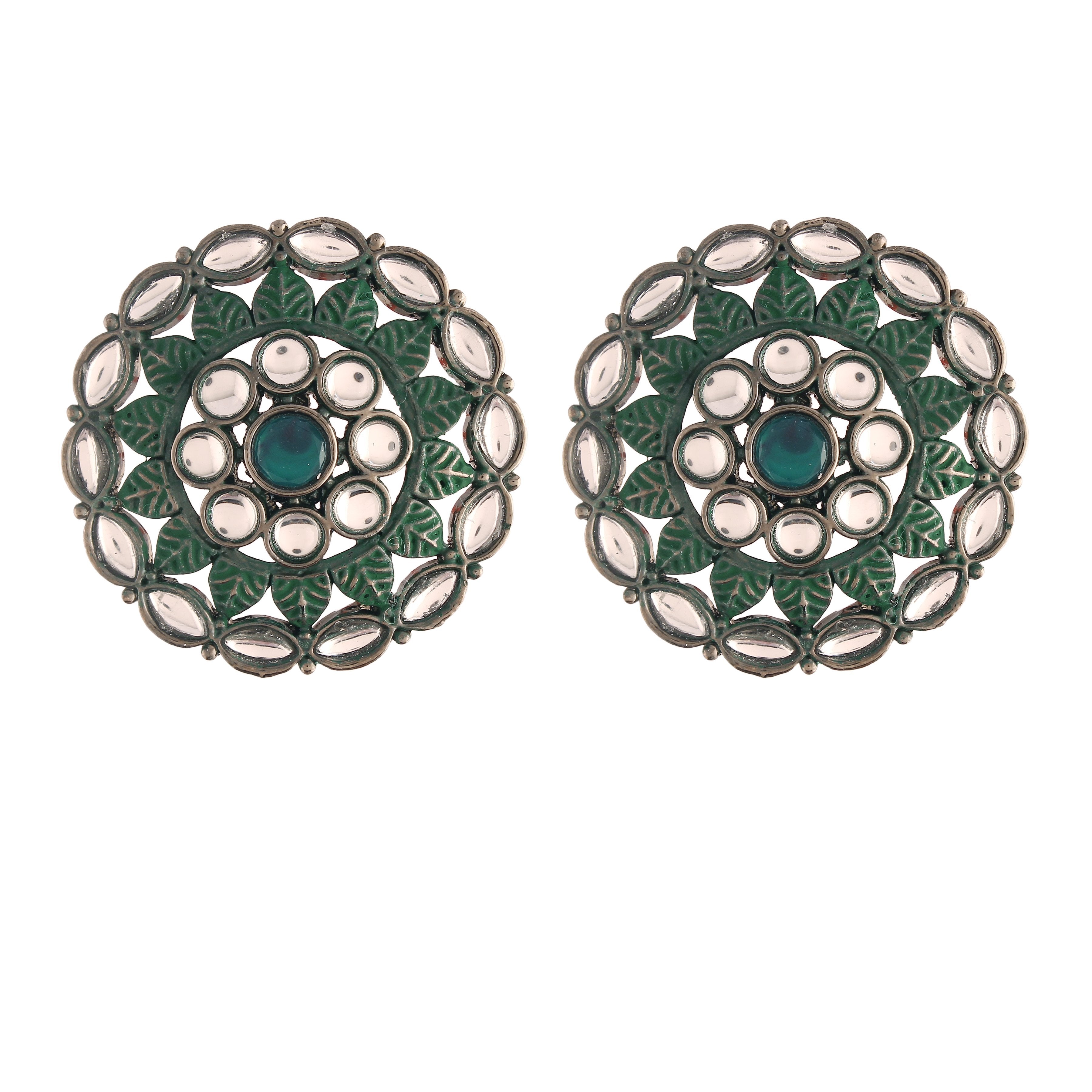 Women's  Silver Oxidized Green Kundan Studded Meena Work Designer Circular Stud Earrings