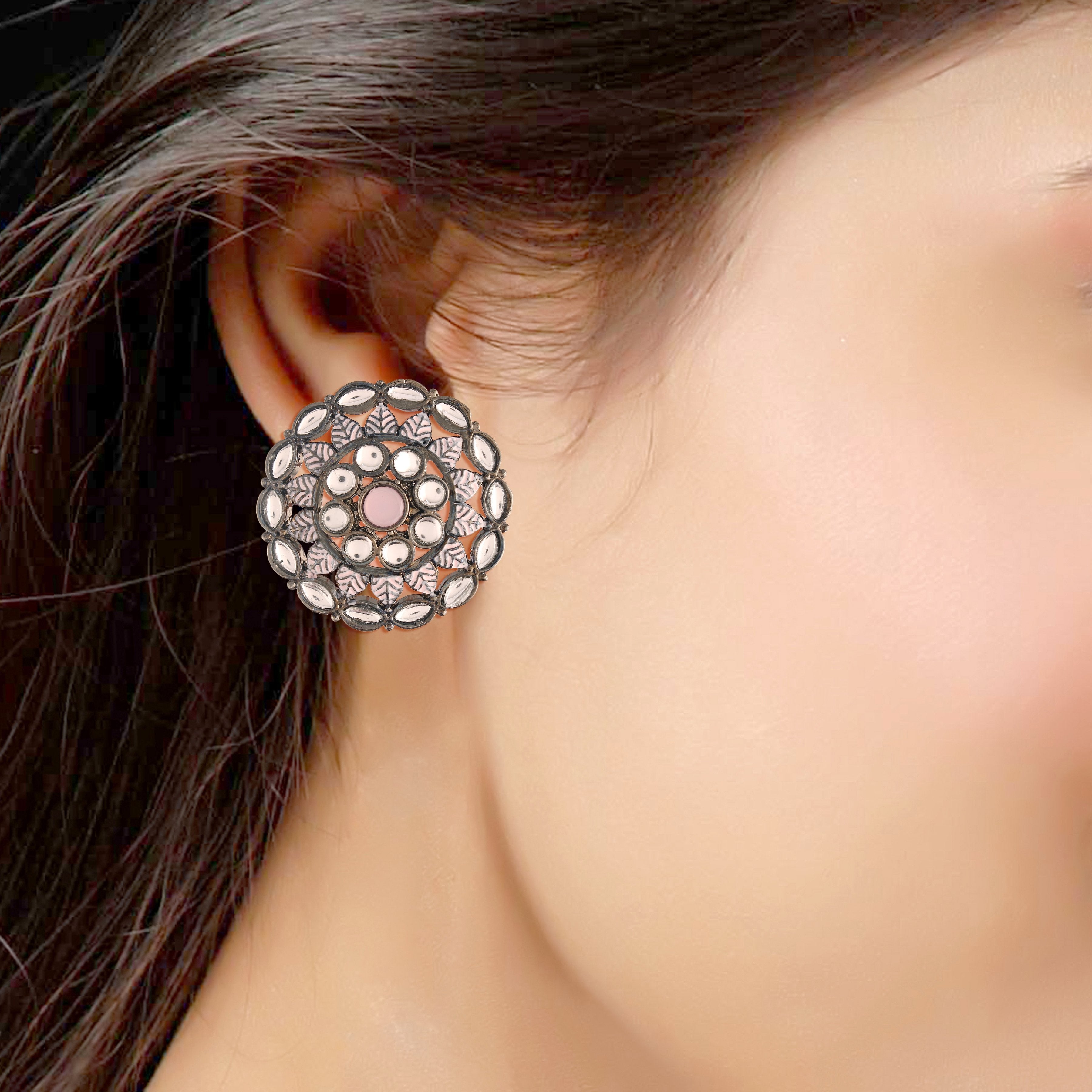 Women's  Pink Silver Oxidized Kundan Studded Meena Work Designer Circular Stud Earrings