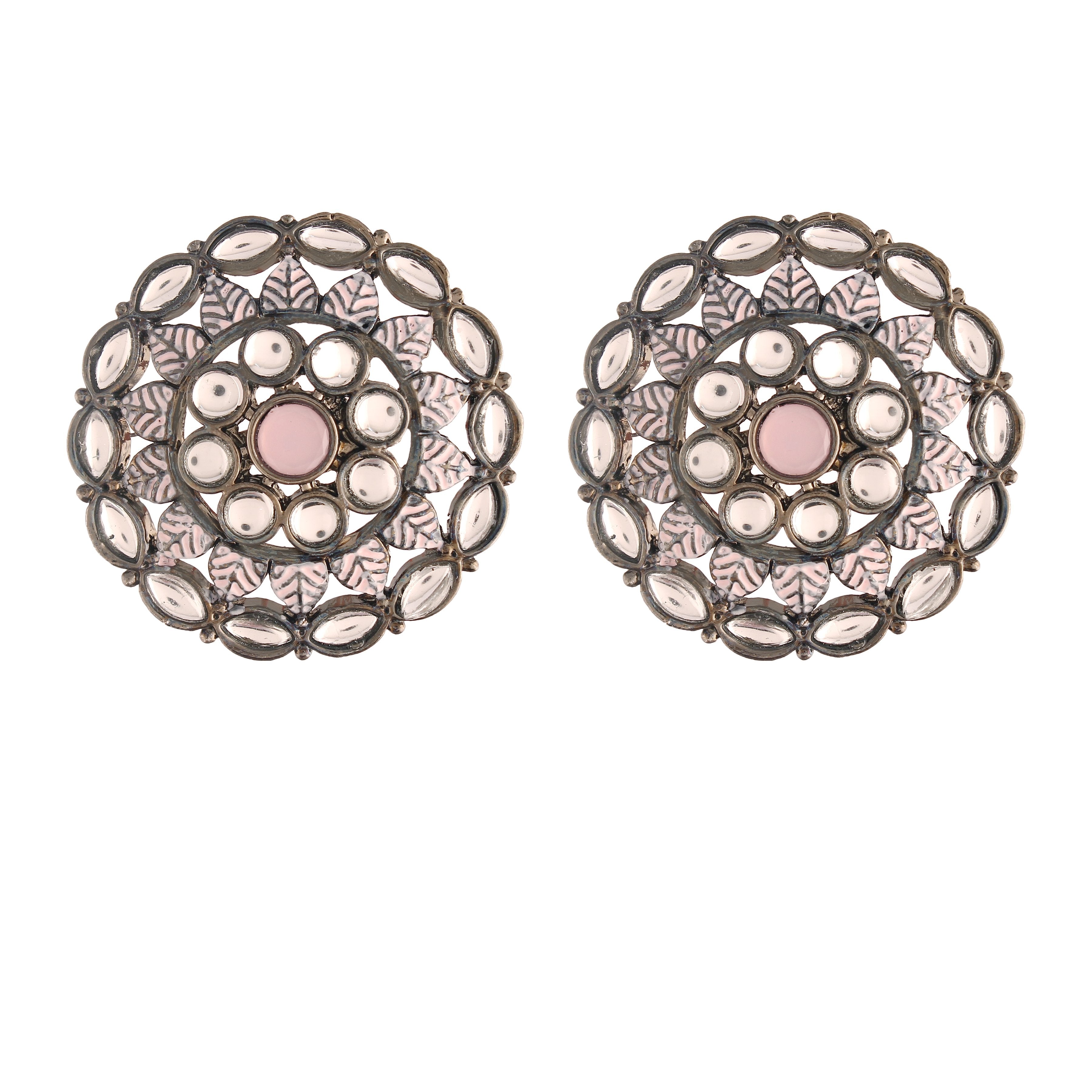 Women's  Pink Silver Oxidized Kundan Studded Meena Work Designer Circular Stud Earrings
