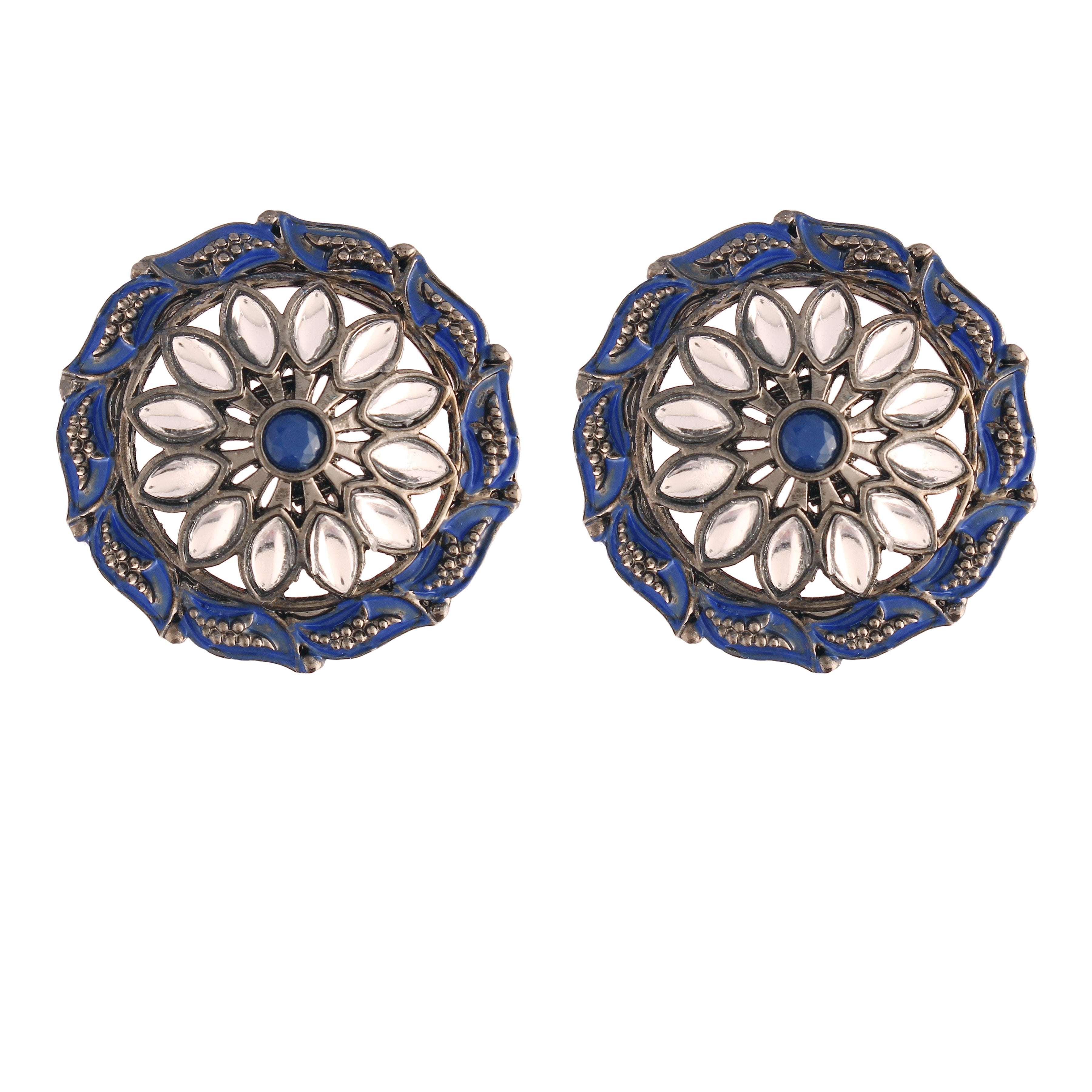 Women's  Silver Oxidized Blue Kundan Studded Meena Work Designer Circular Stud Earrings