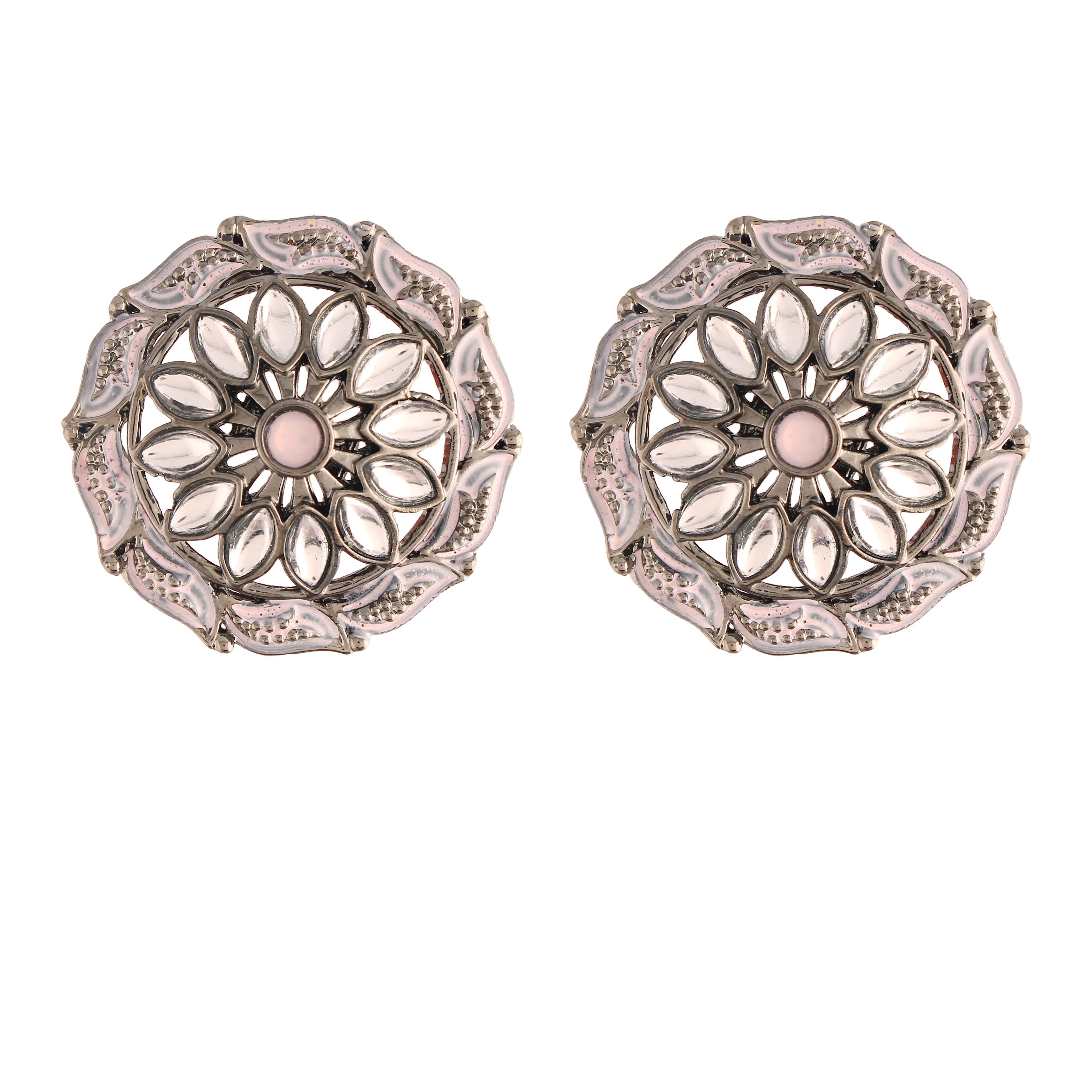Women's  Silver Oxidized Pink  Kundan Studded Meena Work Designer Circular Stud Earrings