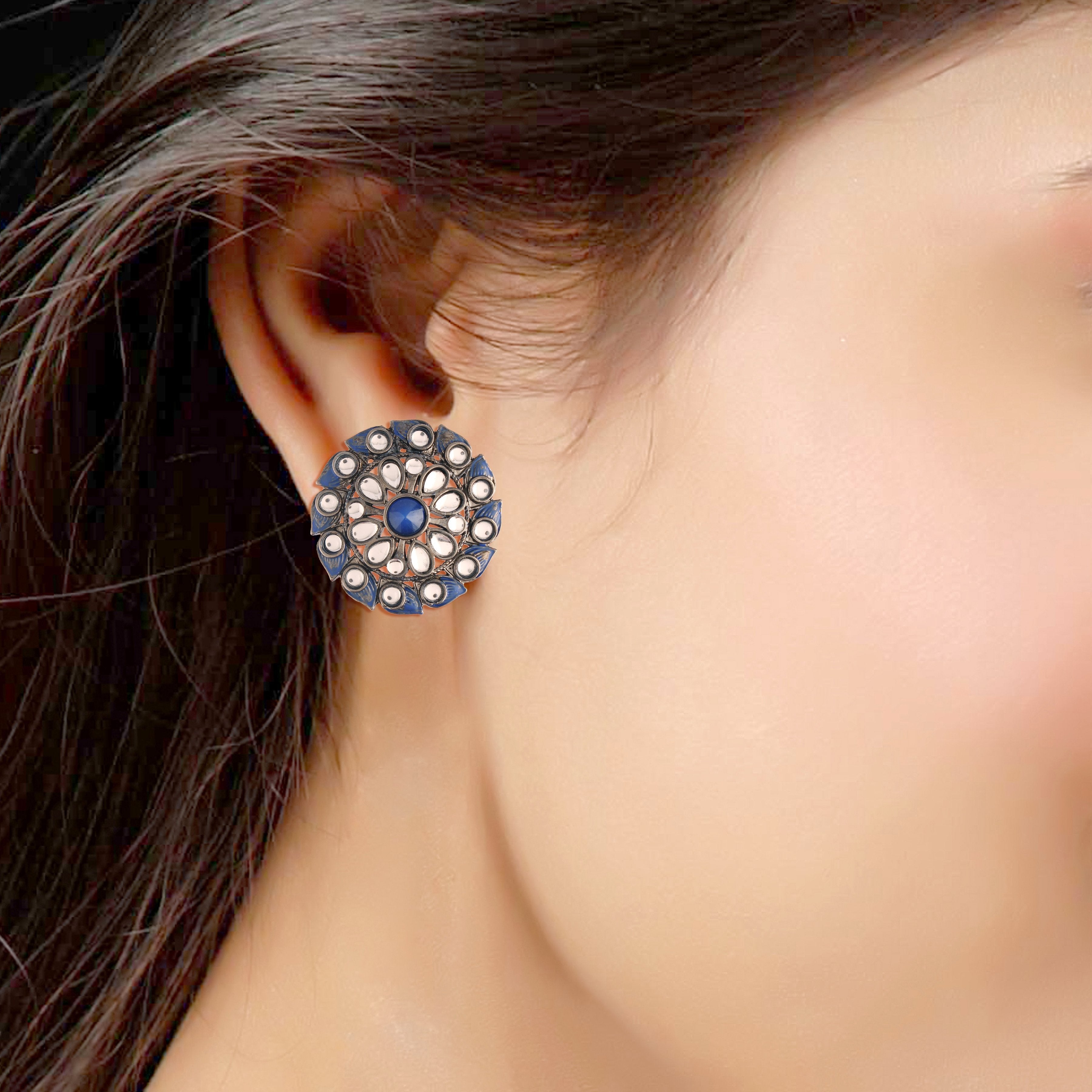 Women's  Silver Oxidized Blue Kundan Studded Meena Work Designer Circular Stud Earrings