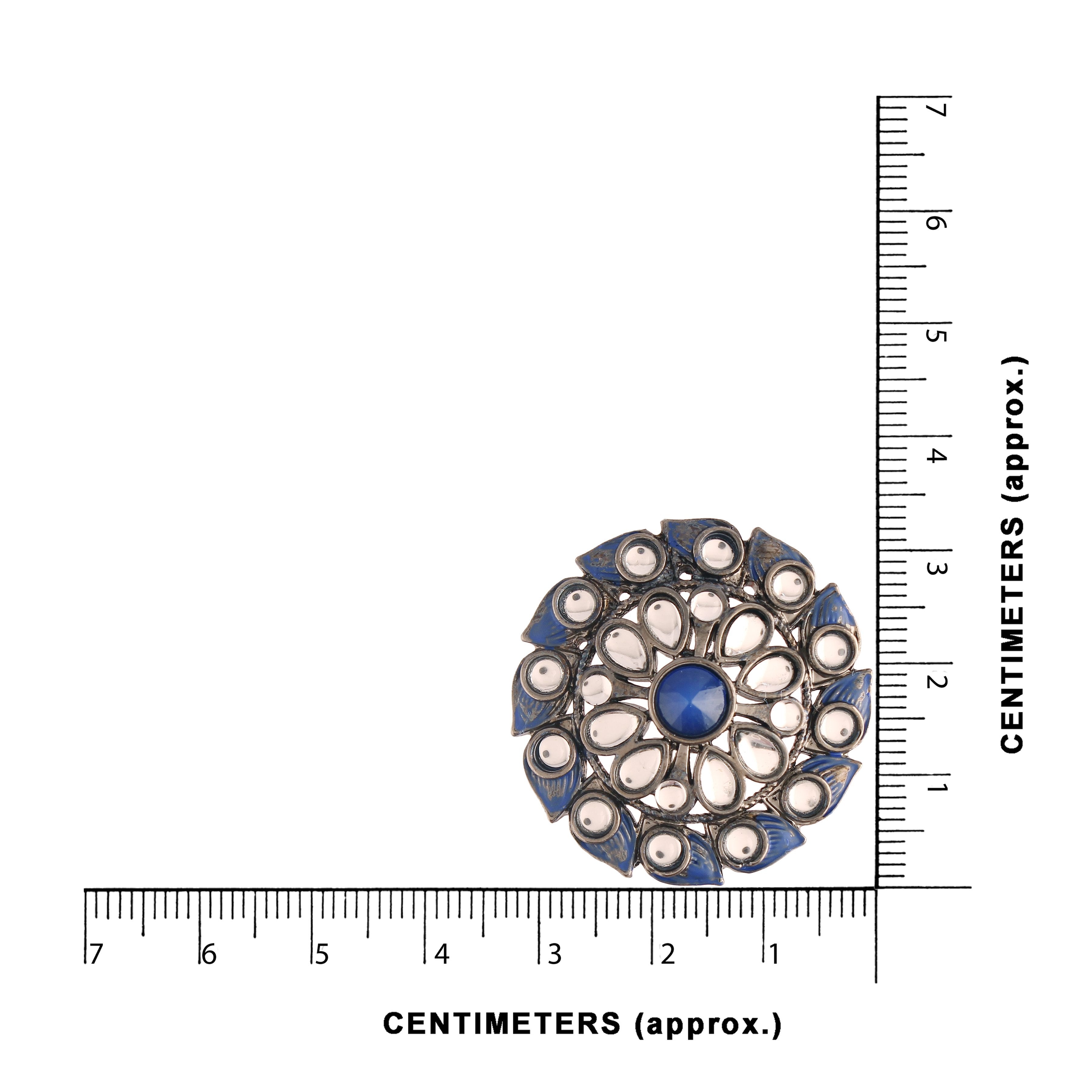 Women's  Silver Oxidized Blue Kundan Studded Meena Work Designer Circular Stud Earrings