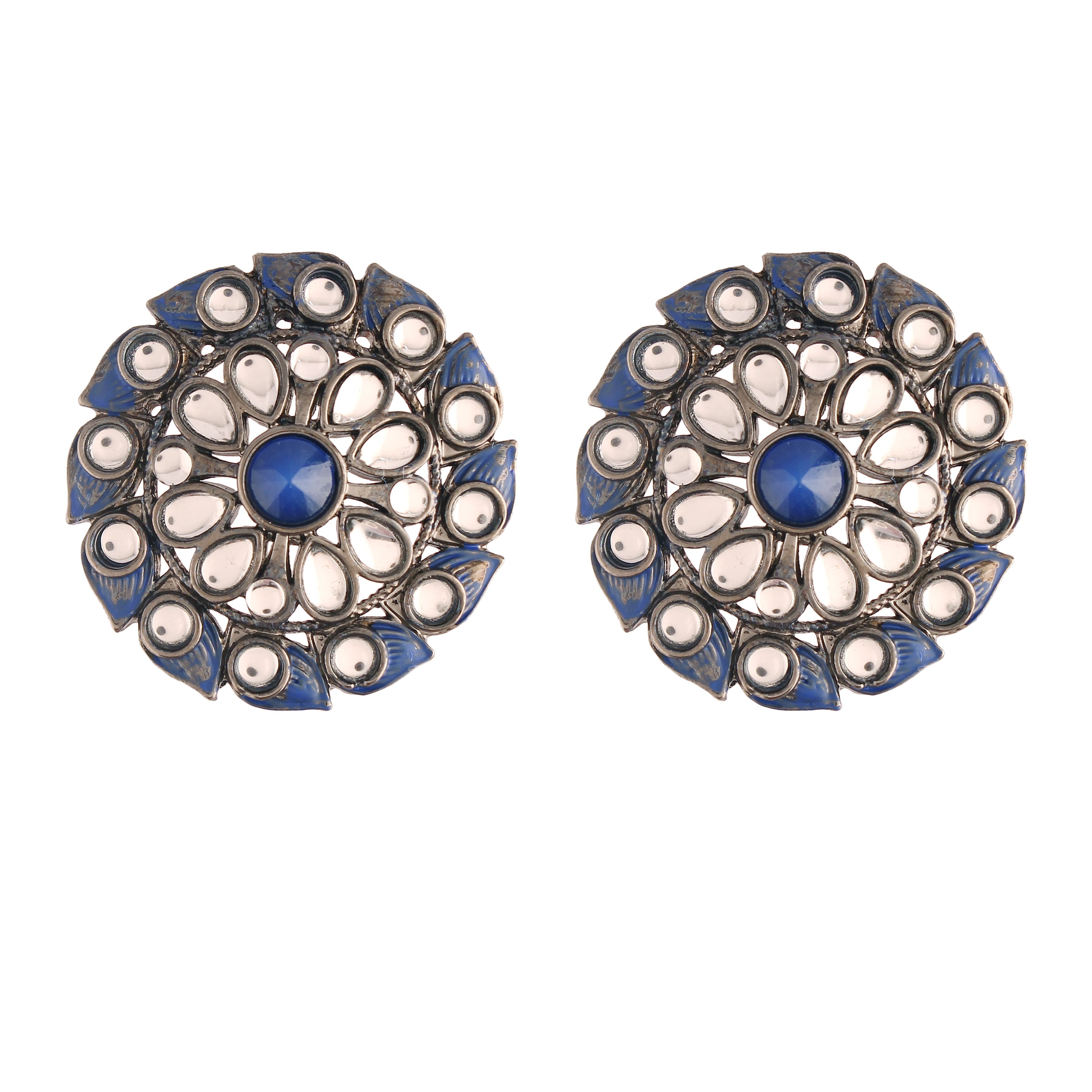 Women's  Silver Oxidized Blue Kundan Studded Meena Work Designer Circular Stud Earrings