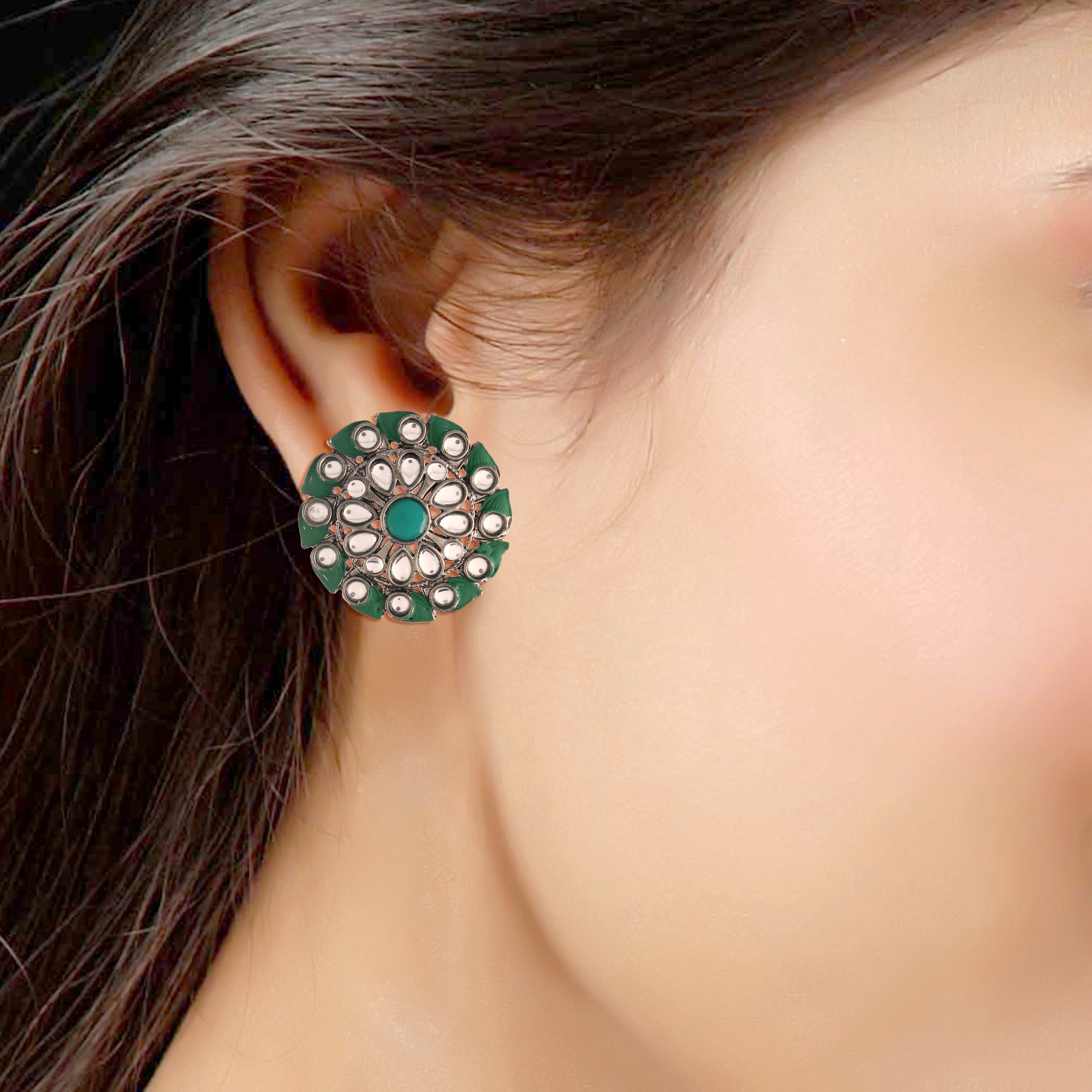 Women's  Green Silver Oxidized Kundan Studded Meena Work Designer Circular Stud Earrings
