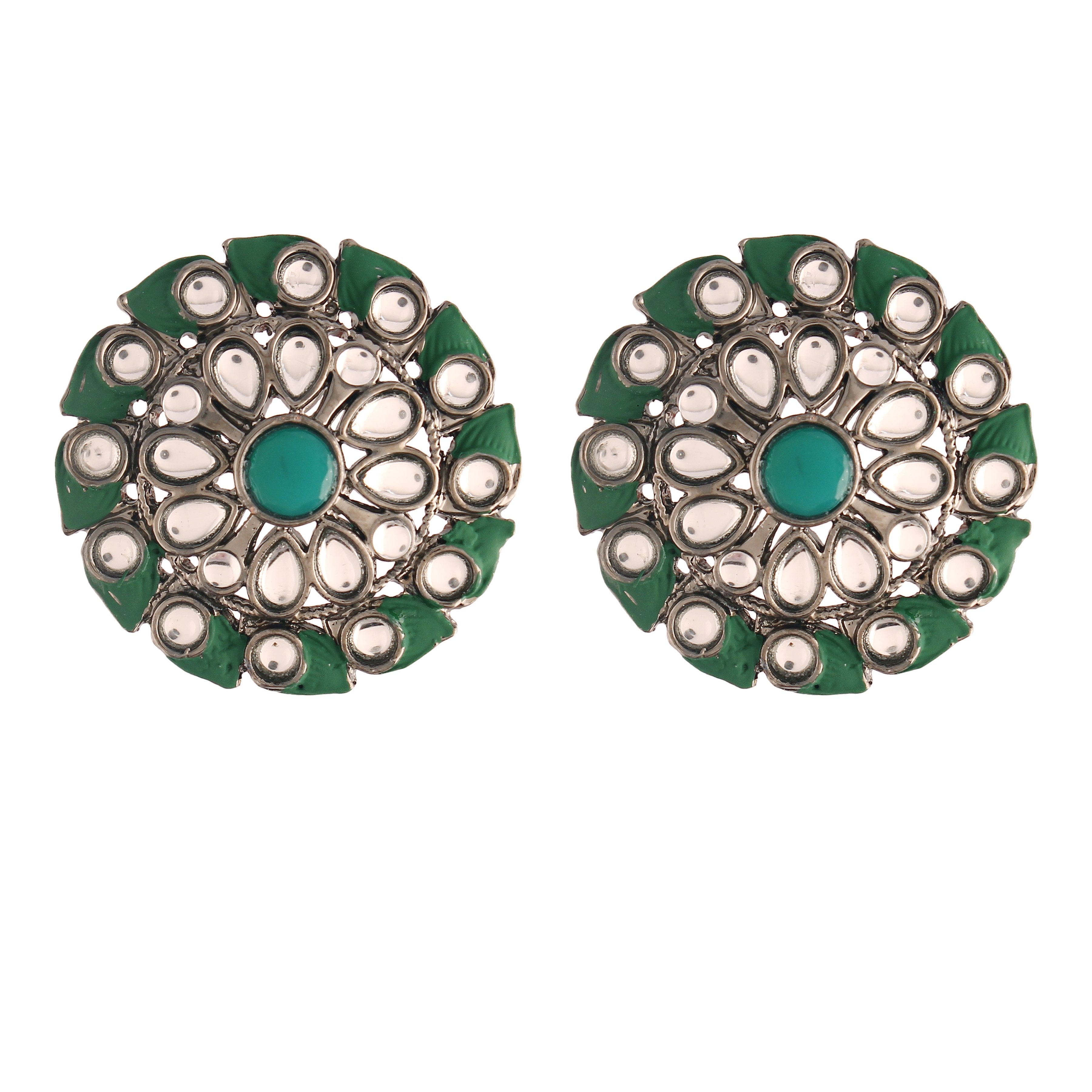 Women's  Green Silver Oxidized Kundan Studded Meena Work Designer Circular Stud Earrings