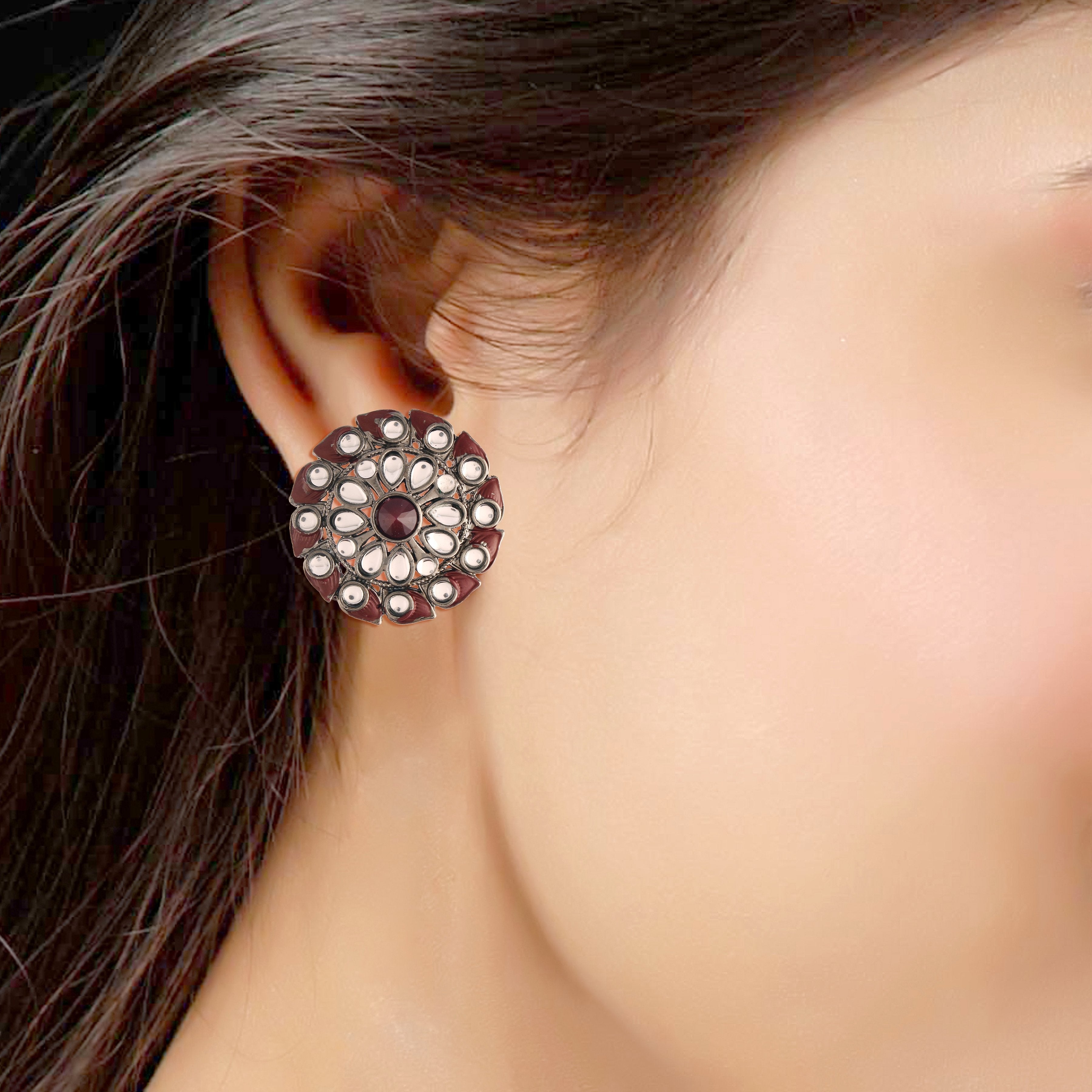 Women's  Maroonsilver Oxidized Kundan Studded Meena Work Designer Circular Stud Earrings
