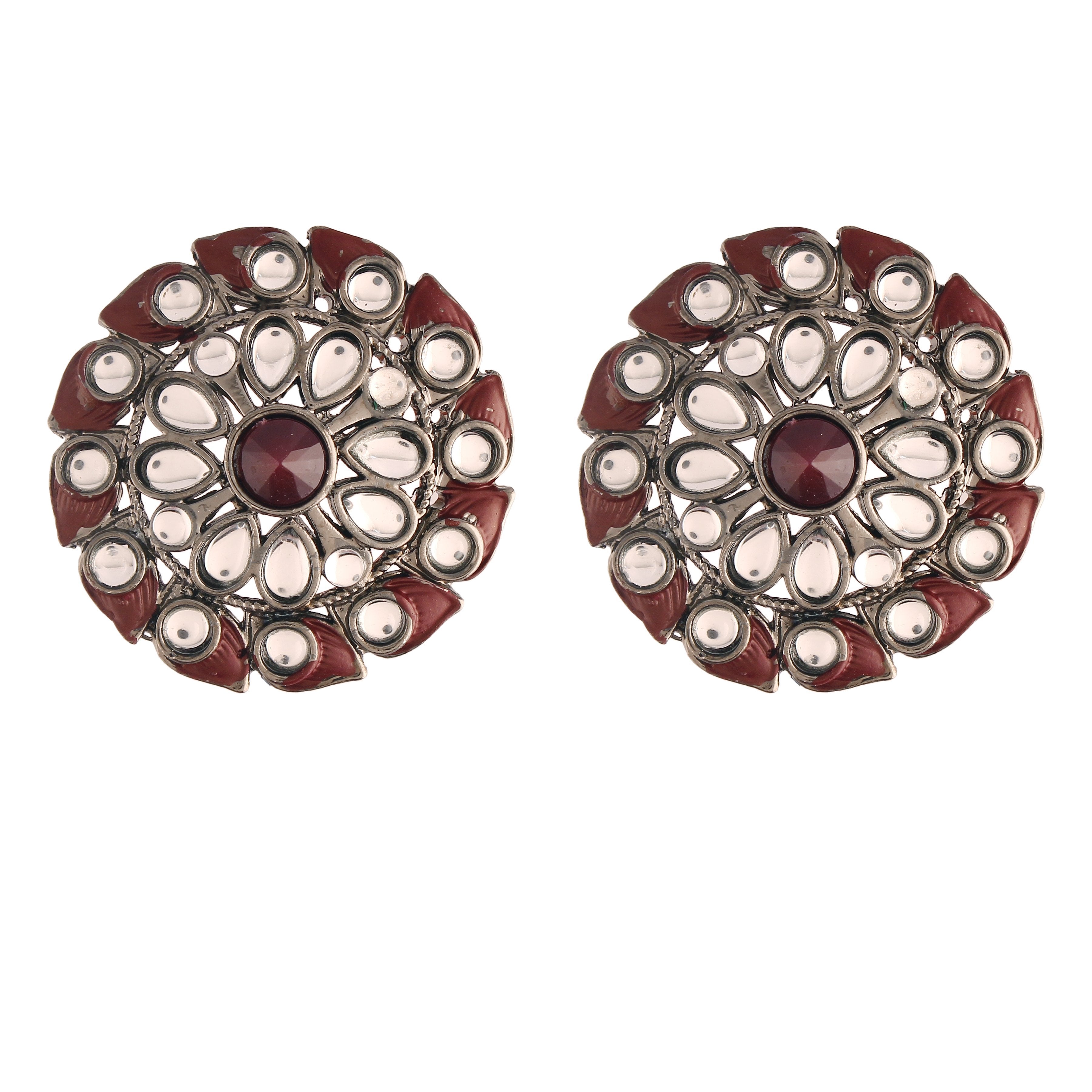 Women's  Maroonsilver Oxidized Kundan Studded Meena Work Designer Circular Stud Earrings