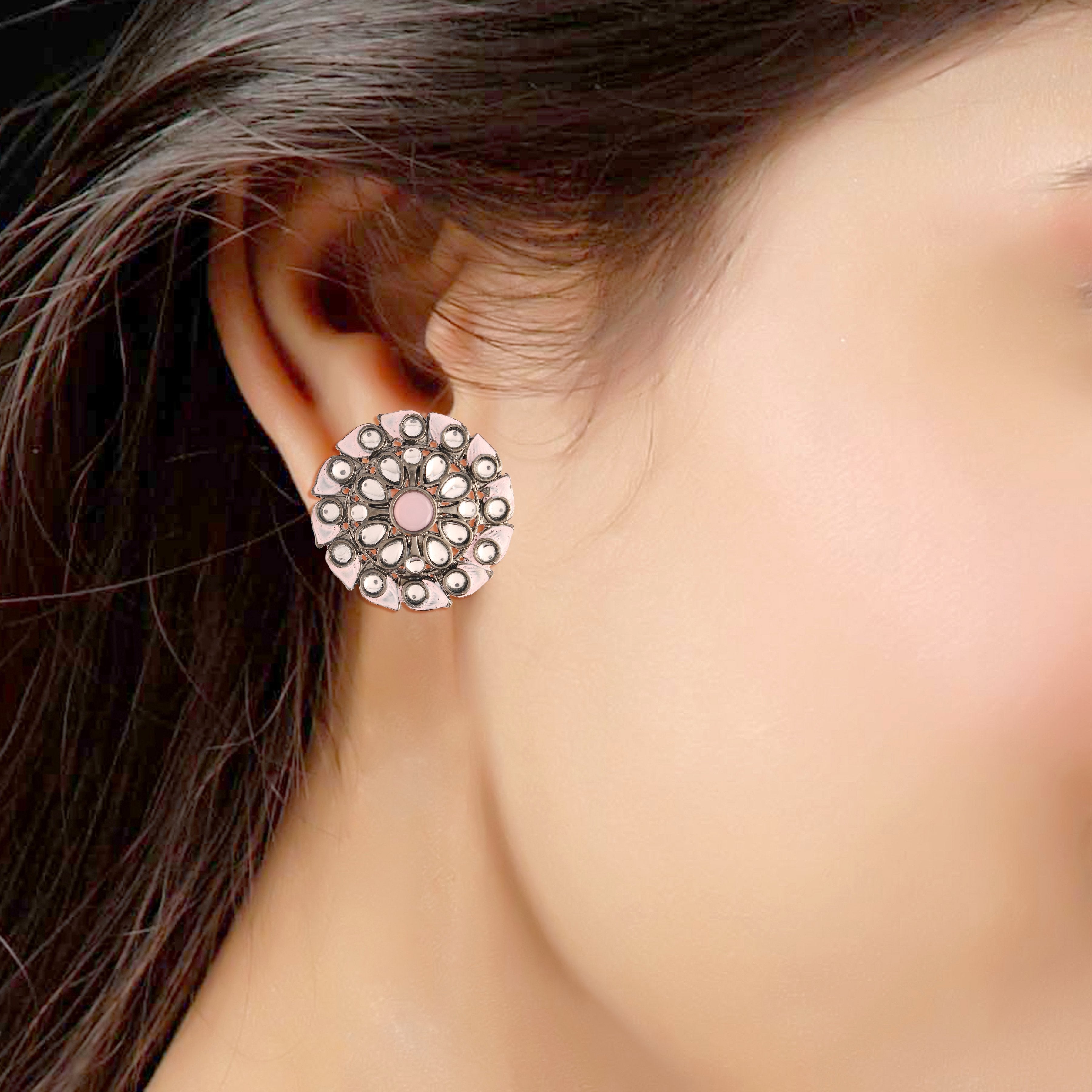 Women's Pink Silver Oxidized Kundan Studded Meena Work Designer Circular Stud Earrings For Women