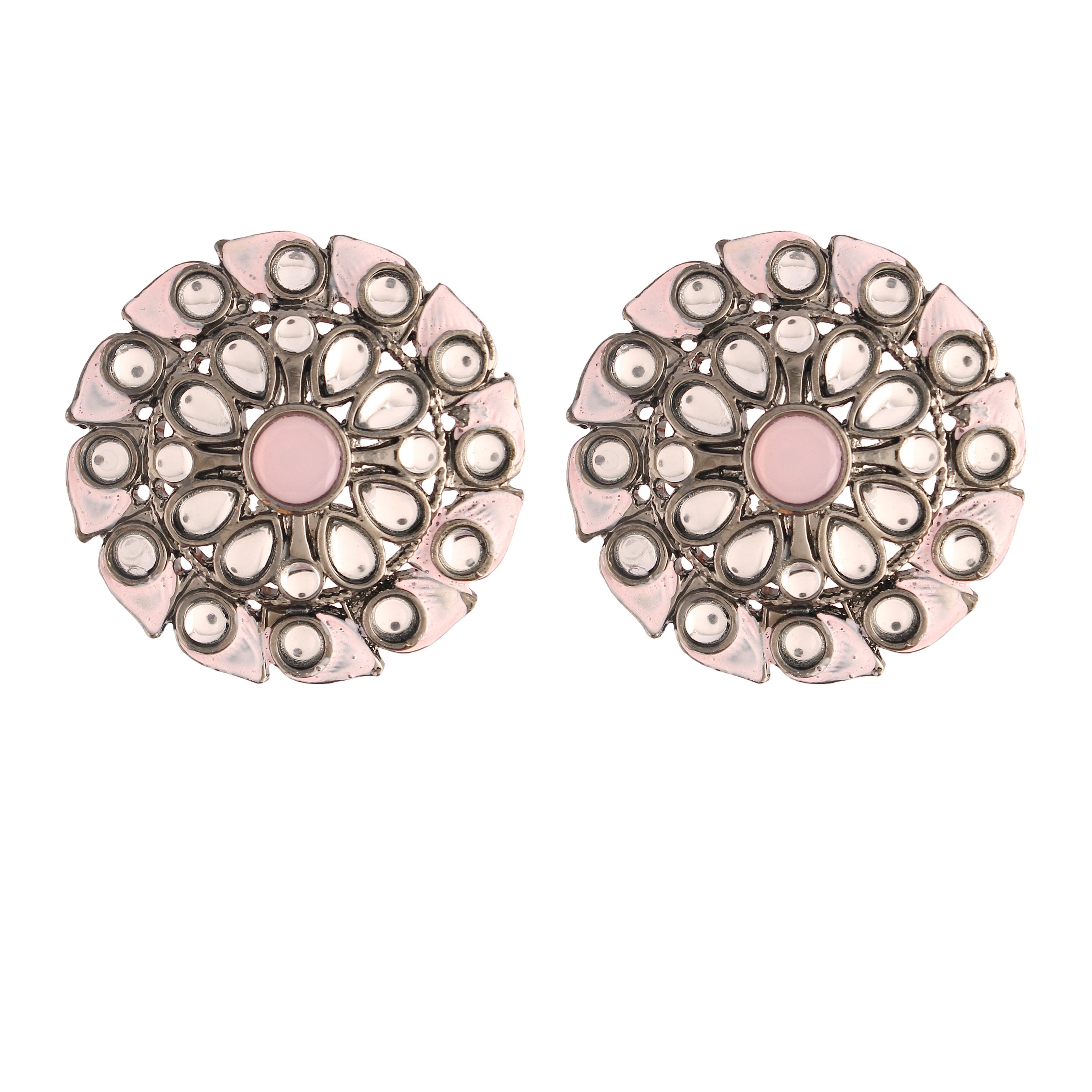 Women's Pink Silver Oxidized Kundan Studded Meena Work Designer Circular Stud Earrings For Women