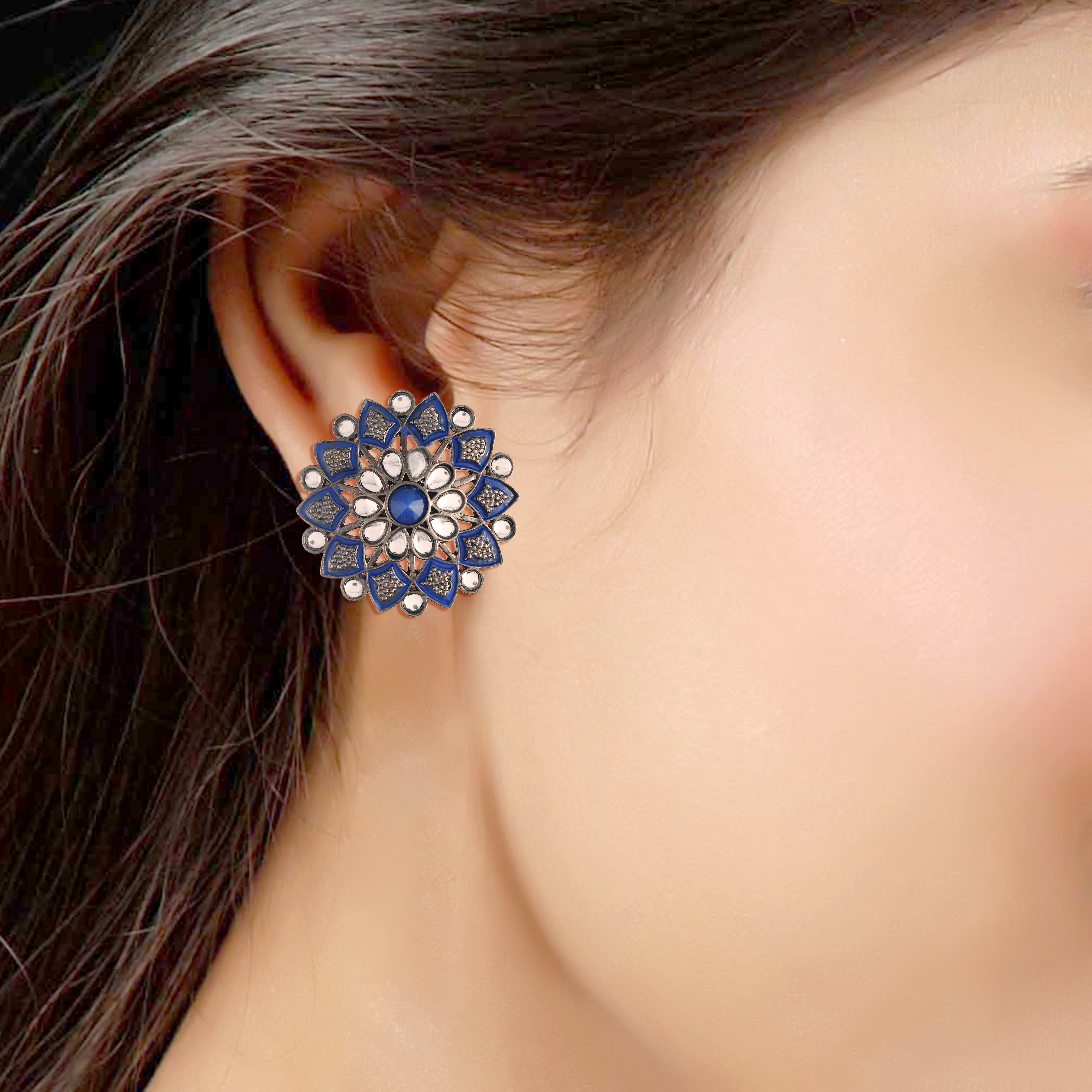 Women's  Blue Silver Oxidized Kundan Studded Meena Work Designer Circular Stud Earrings