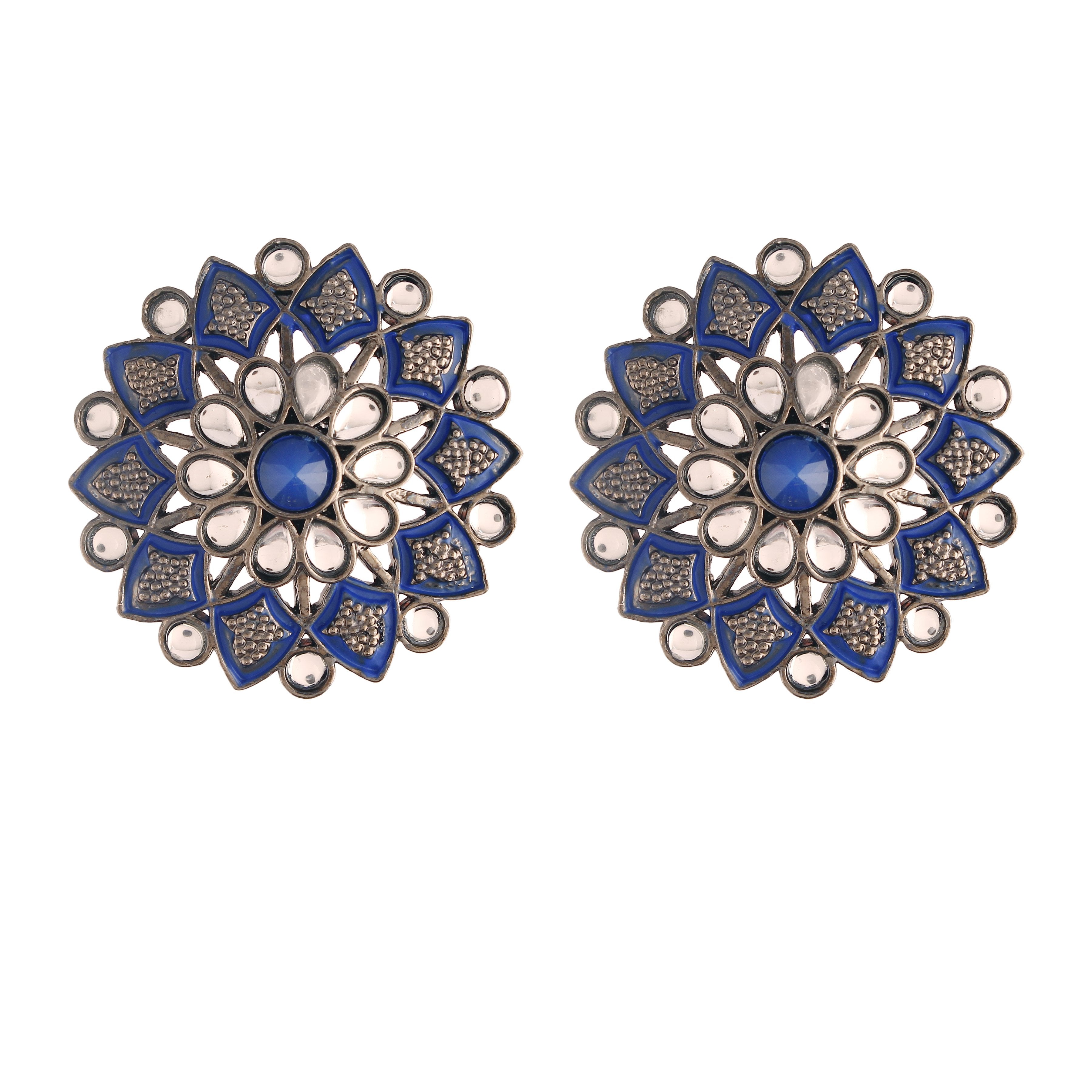 Women's  Blue Silver Oxidized Kundan Studded Meena Work Designer Circular Stud Earrings
