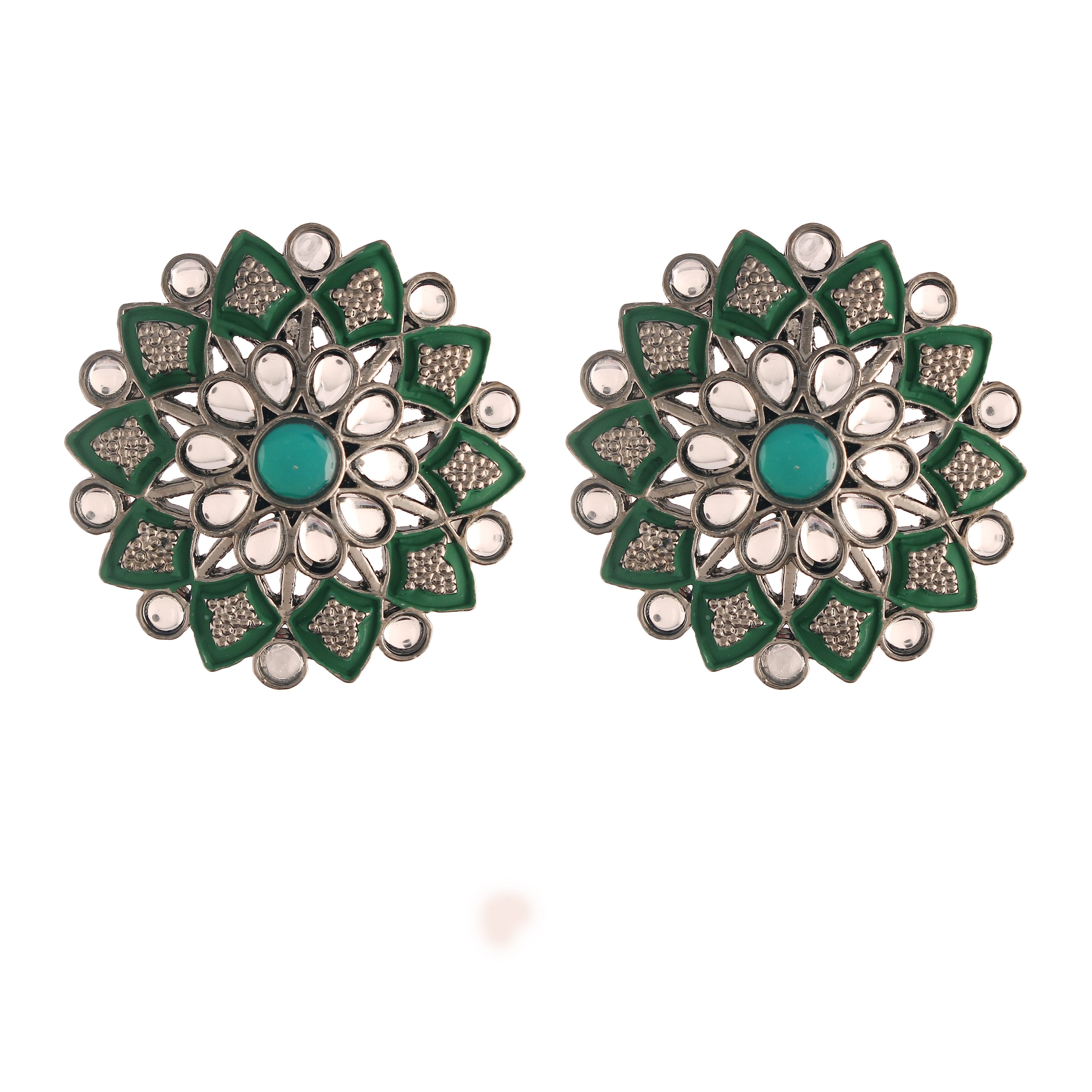 Women's  Silver Oxidized Green  Kundan Studded Meena Work Designer Circular Stud Earrings