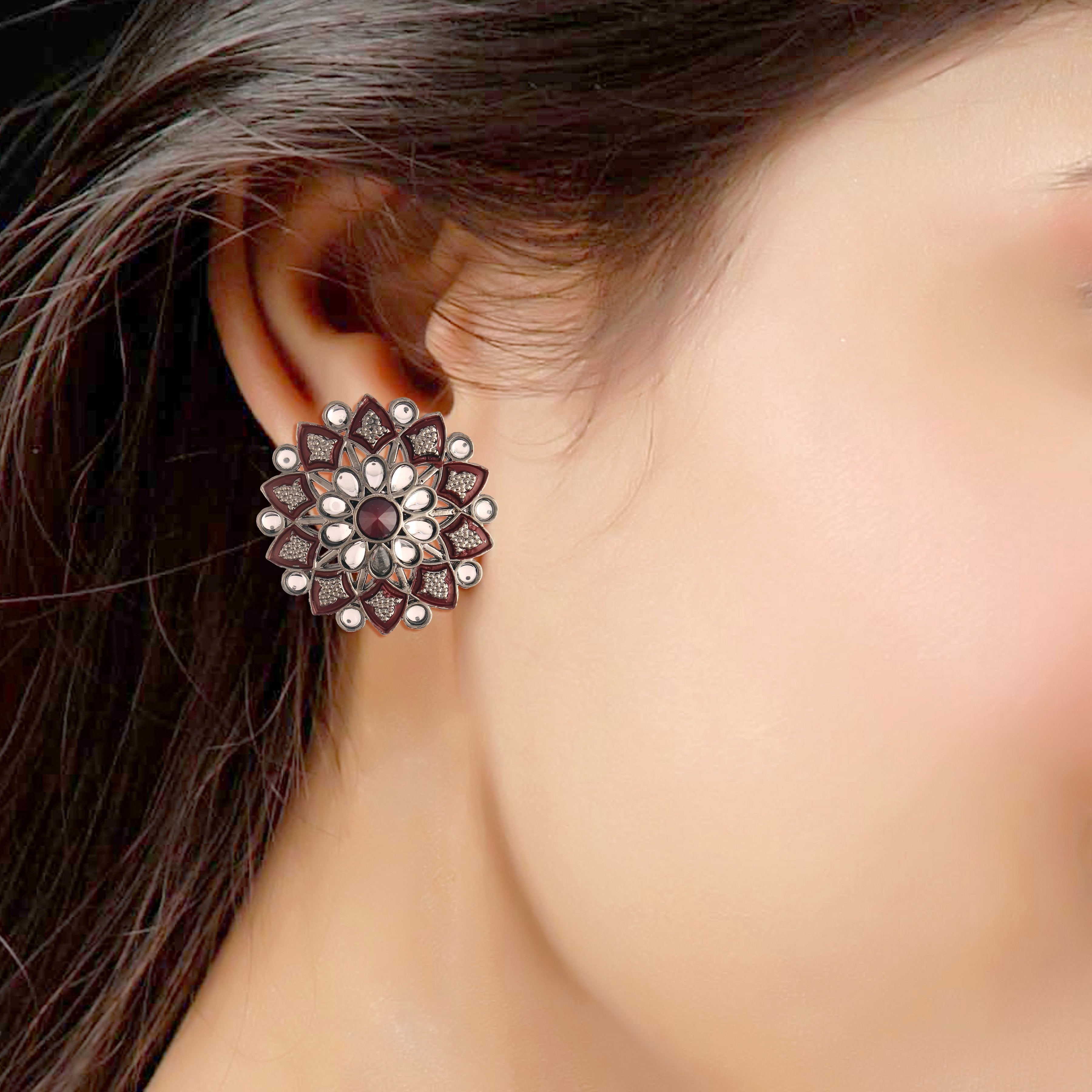 Women's  Silver Oxidized Maroon  Kundan Studded Meena Work Designer Circular Stud Earrings