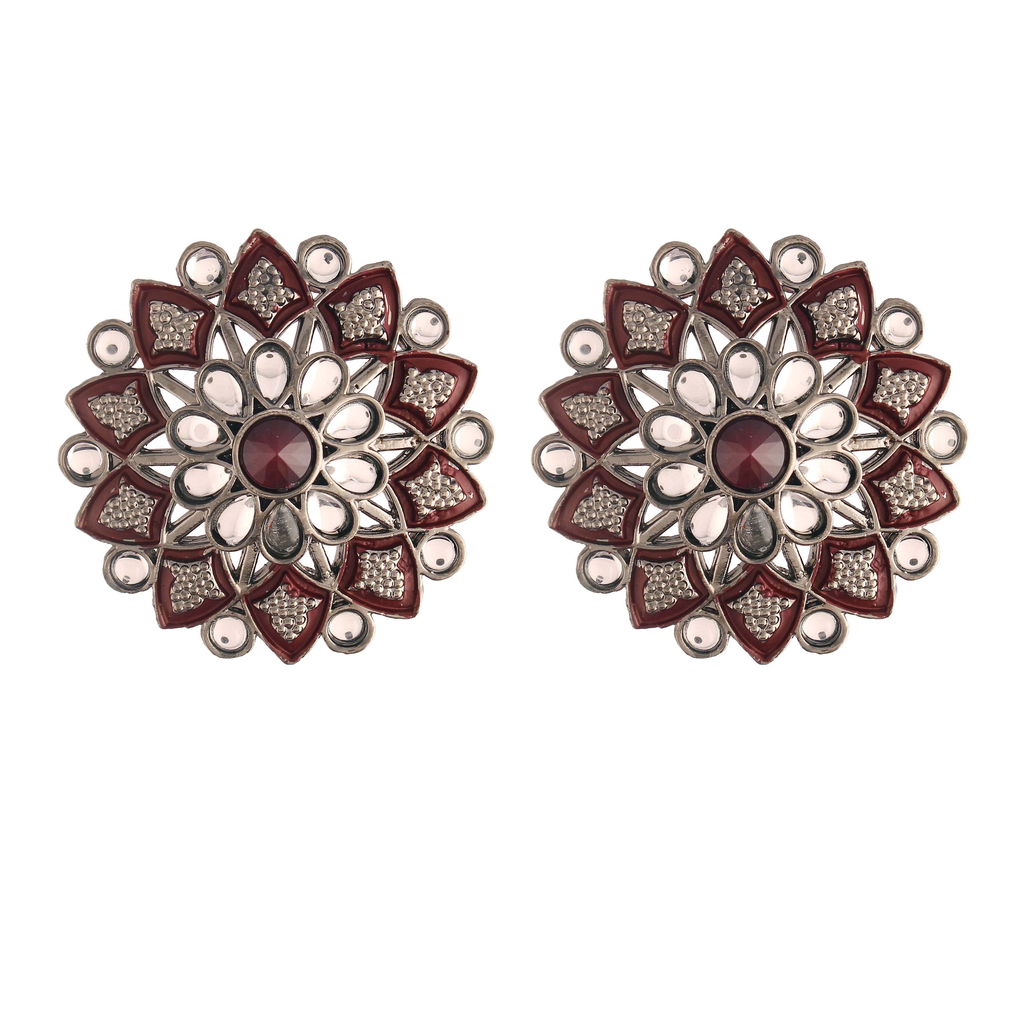 Women's  Silver Oxidized Maroon  Kundan Studded Meena Work Designer Circular Stud Earrings