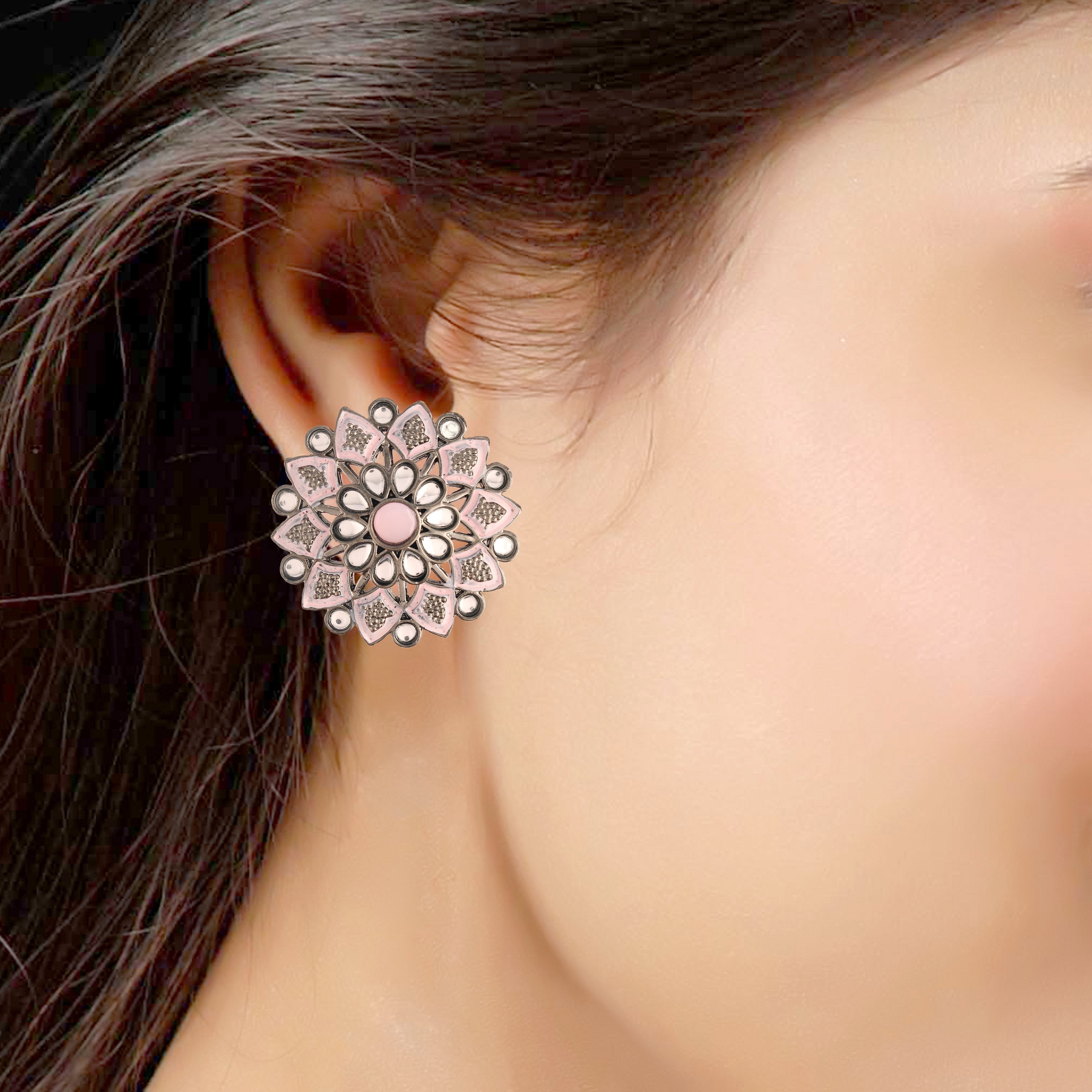 Women's  Silver Oxidized Pink  Kundan Studded Meena Work Designer Circular Stud Earrings