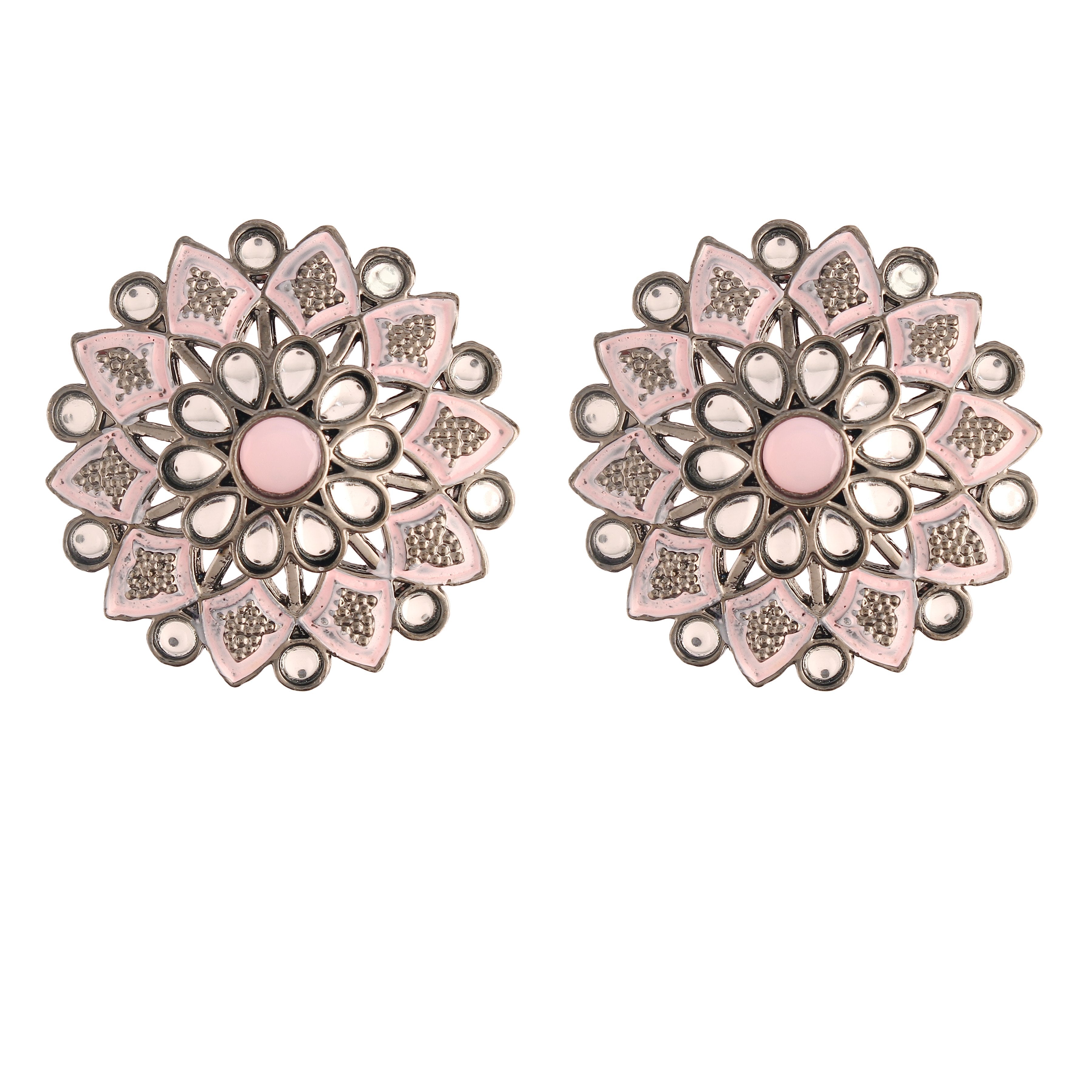 Women's  Silver Oxidized Pink  Kundan Studded Meena Work Designer Circular Stud Earrings