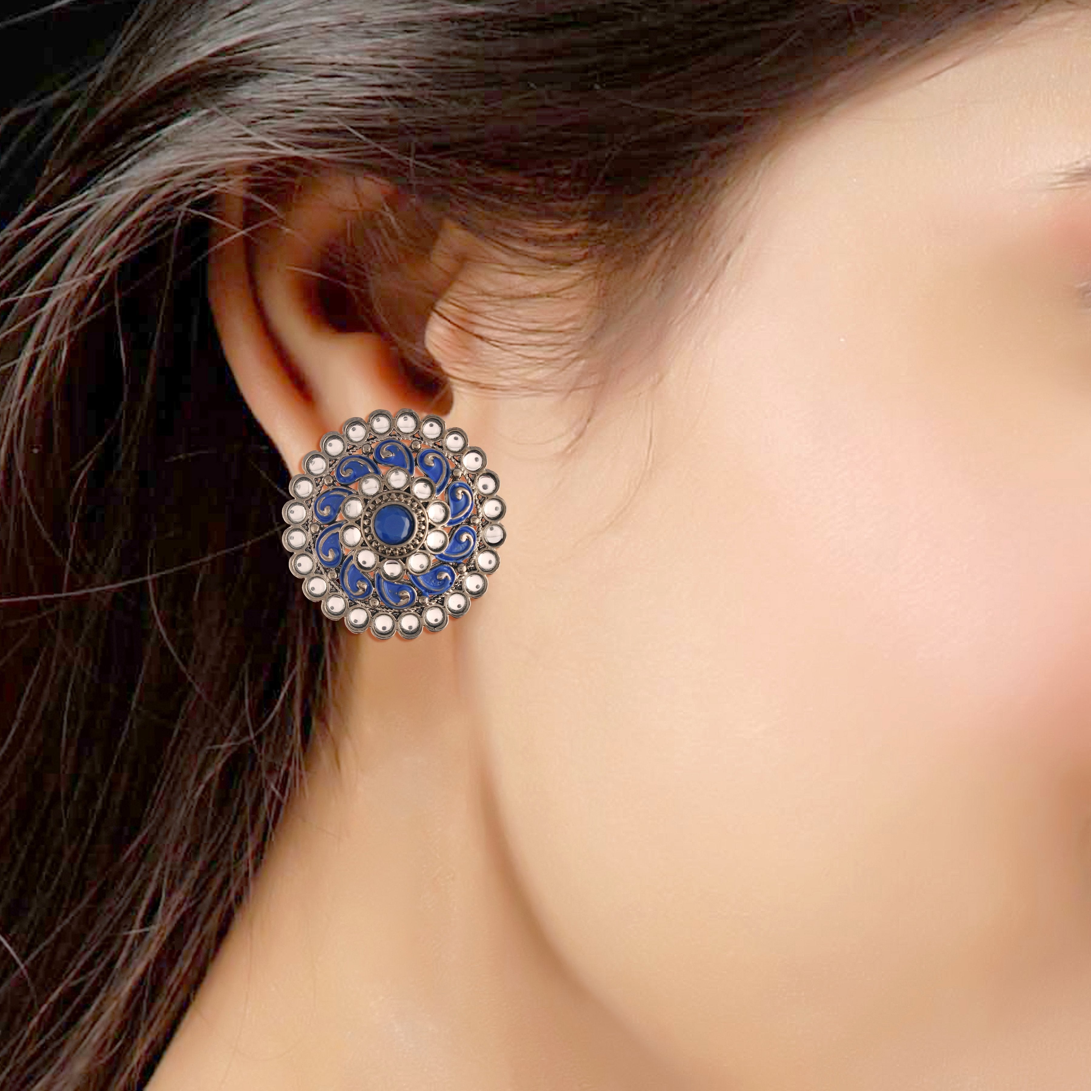 Women's  Silver Oxidized Blue Kundan Studded Meena Work Designer Circular Stud Earrings