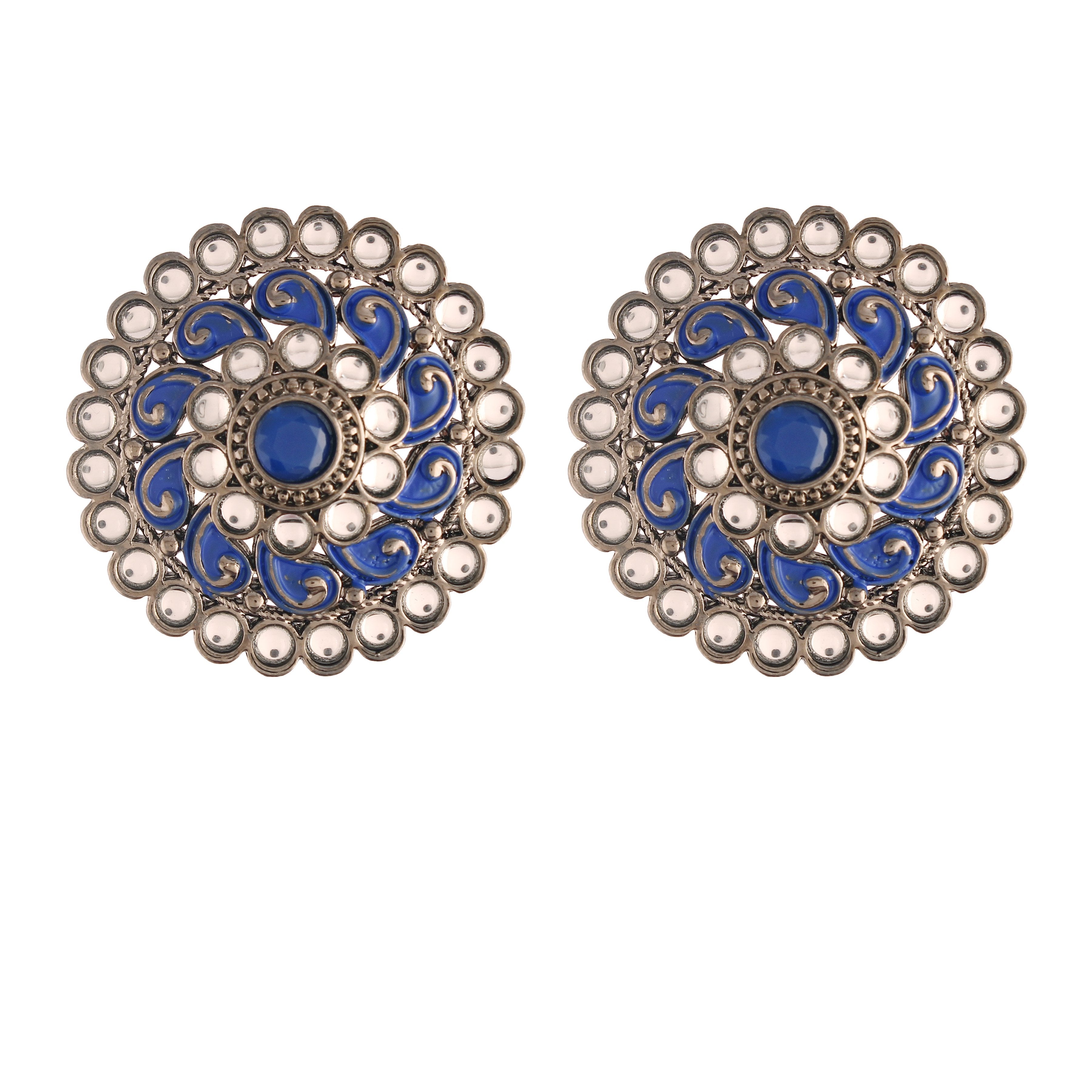 Women's  Silver Oxidized Blue Kundan Studded Meena Work Designer Circular Stud Earrings
