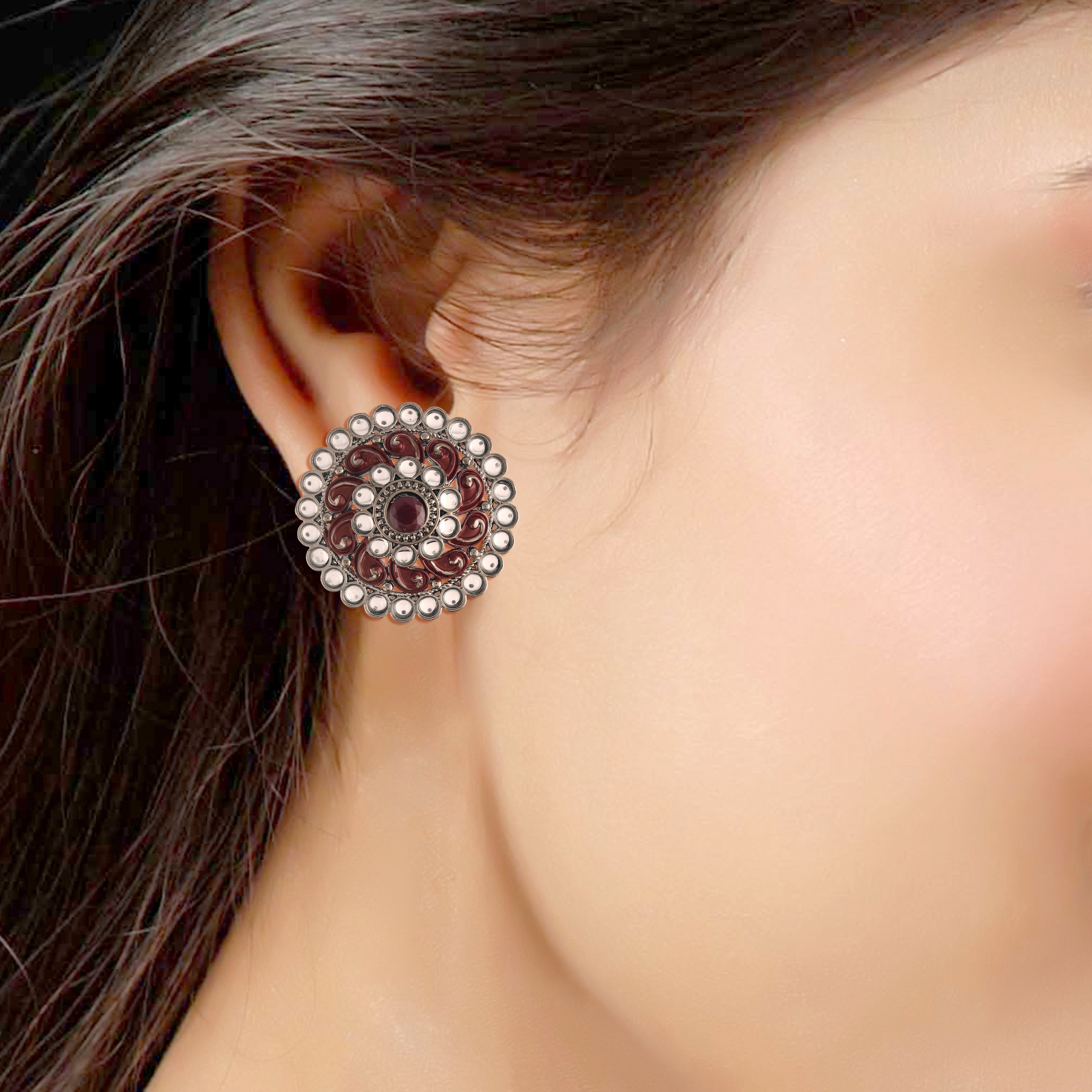 Women's  Maroon Silver Oxidized Kundan Studded Meena Work Designer Circular Stud Earrings