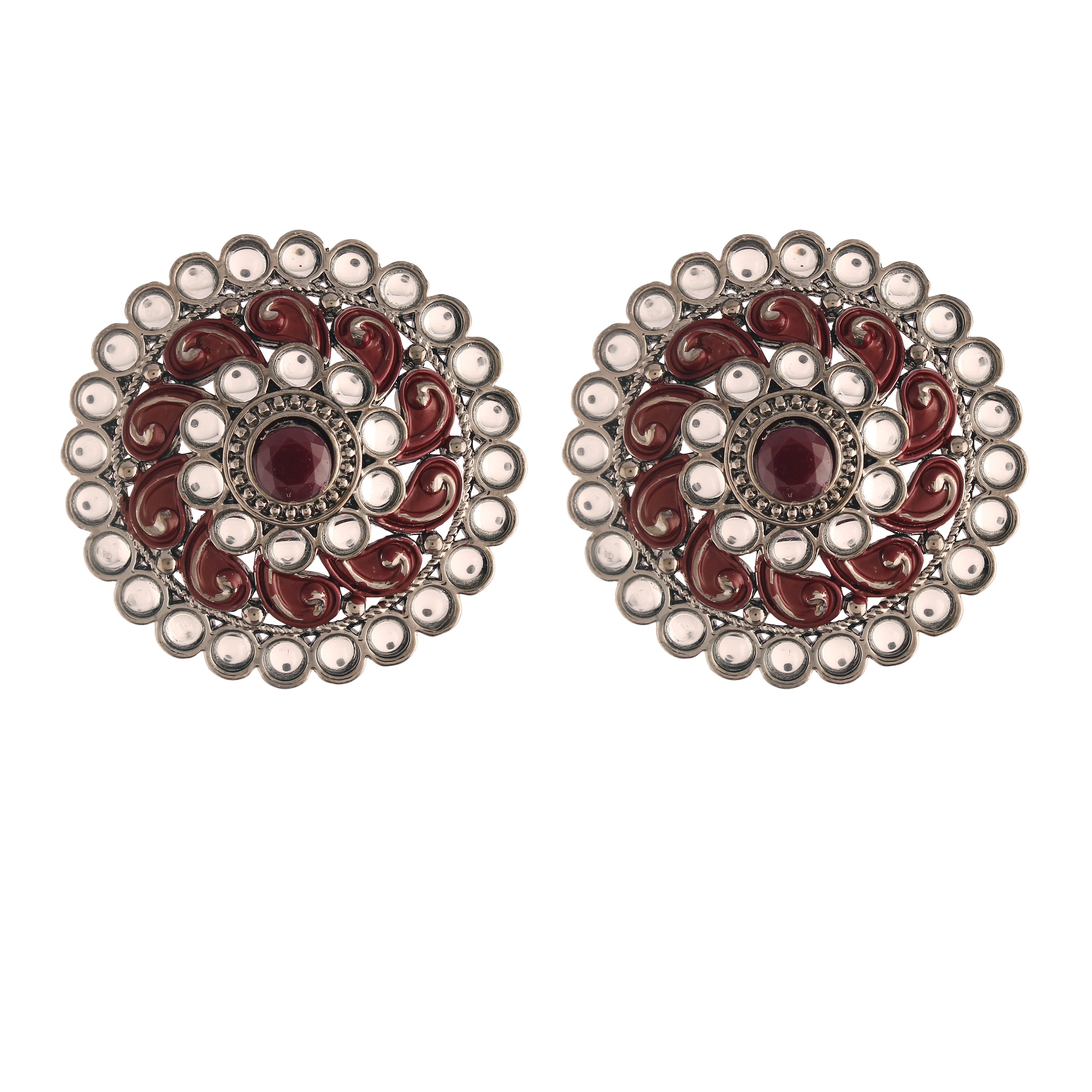Women's  Maroon Silver Oxidized Kundan Studded Meena Work Designer Circular Stud Earrings