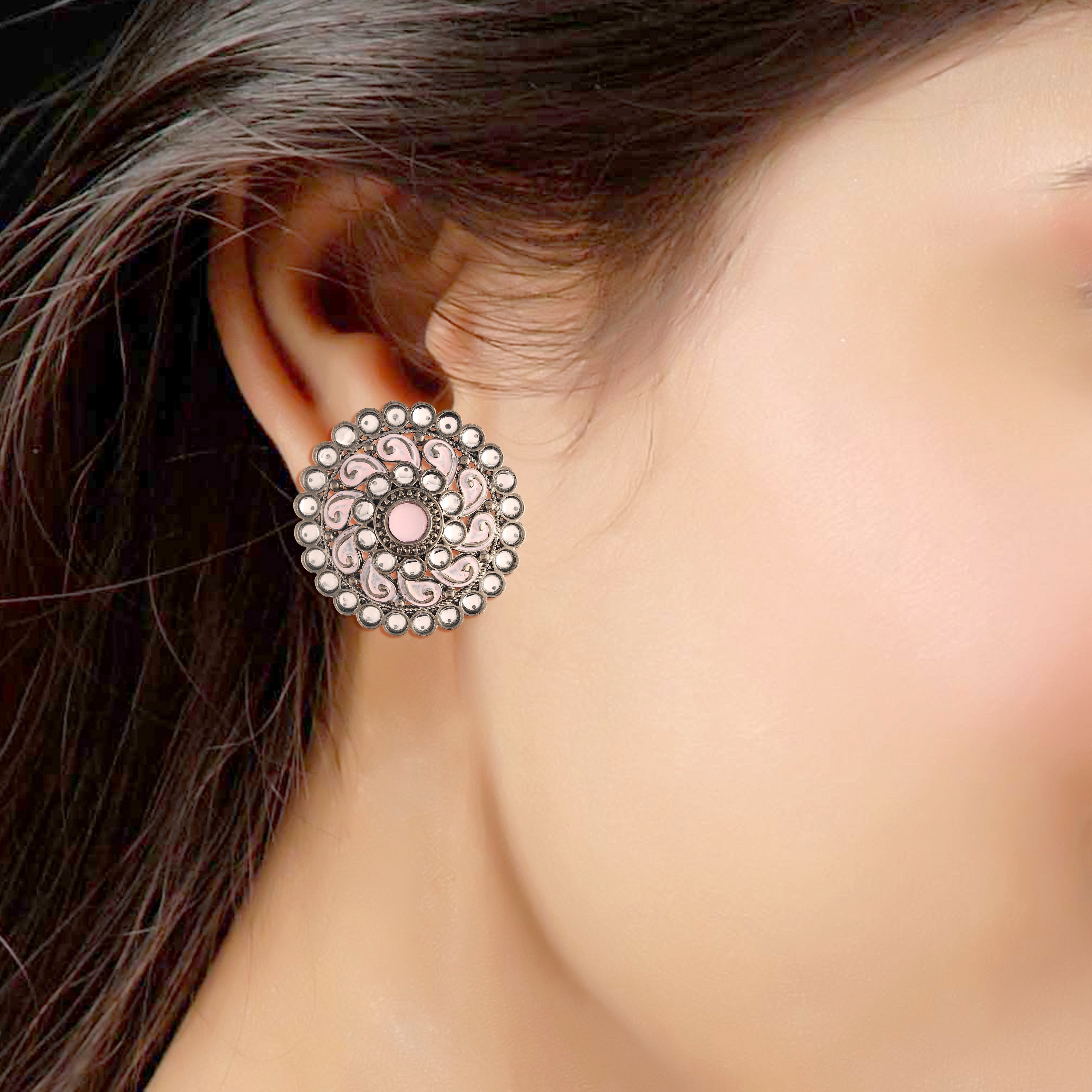 Women's  Pink Silver Oxidized Kundan Studded Meena Work Designer Circular Stud Earrings